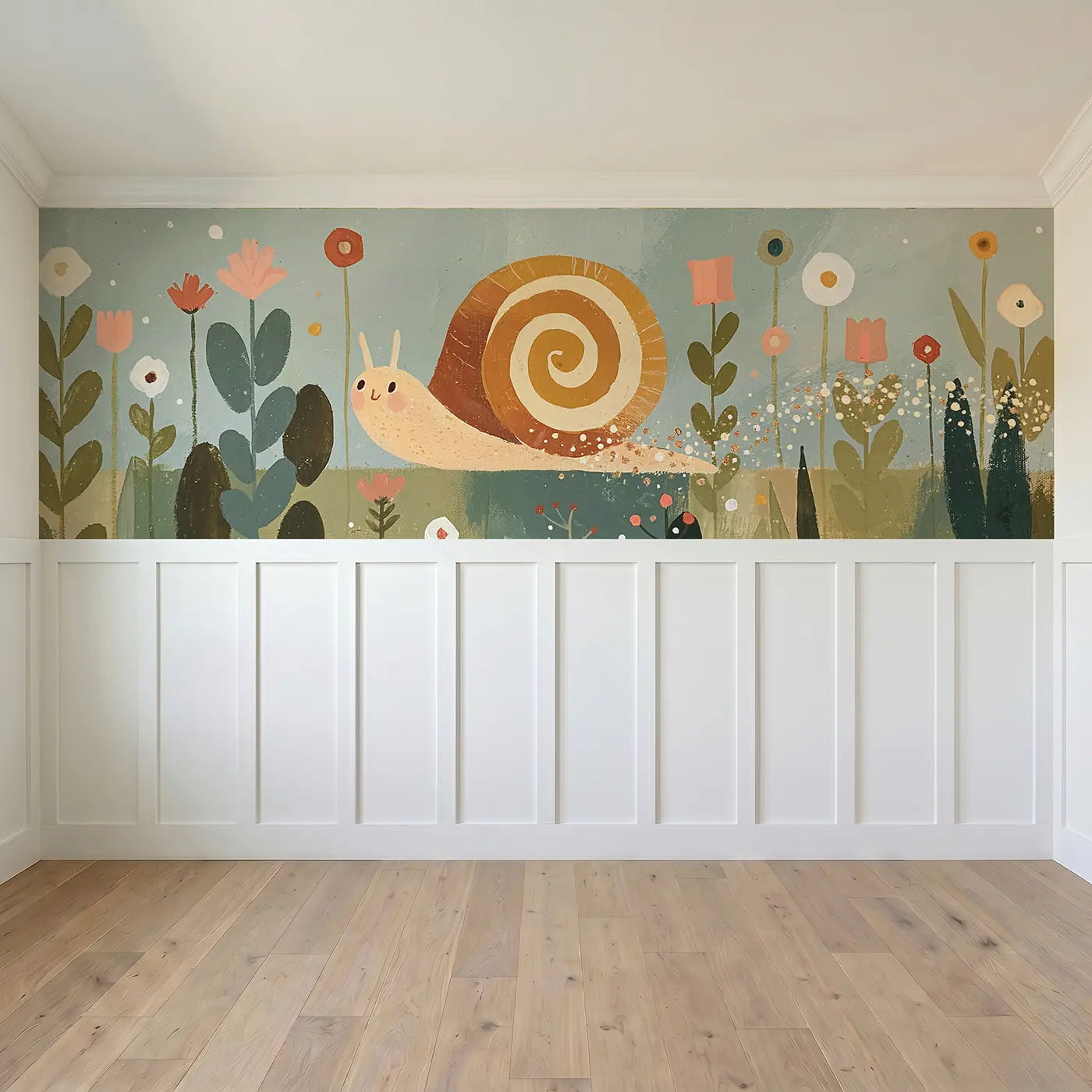 Full panel view of Scandi Snail Garden Slow Wainscoting Wallpaper by Whimsy Tots