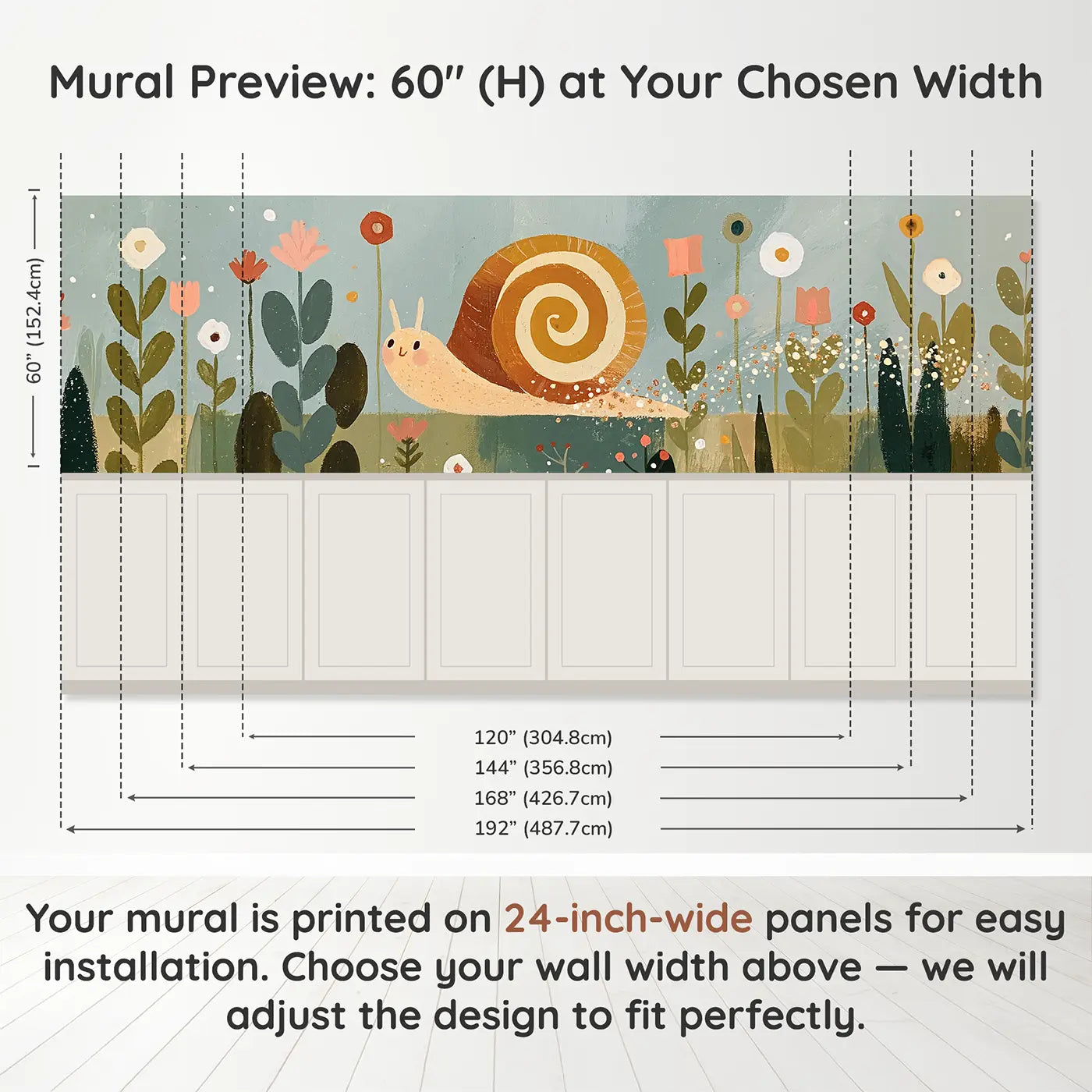 Panel dimensions for Scandi Snail Garden Slow Wainscoting Wallpaper by Whimsy Tots