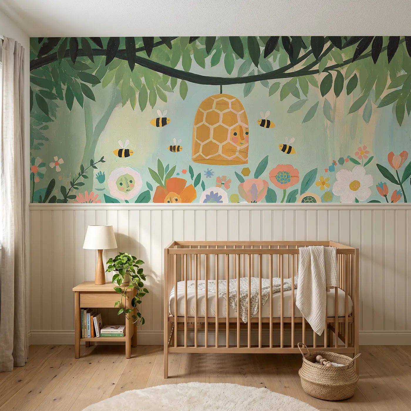 Modern Illustration graphic beehive buzz wainscoting wallpaper for nursery by Whimsy Tots