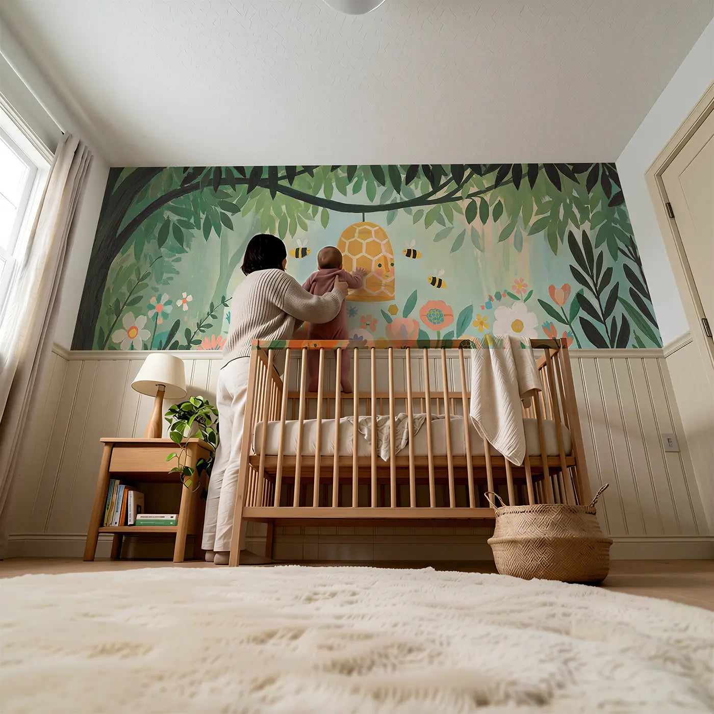 Child reading near Graphic Beehive Buzz Wainscoting Wallpaper by Whimsy Tots