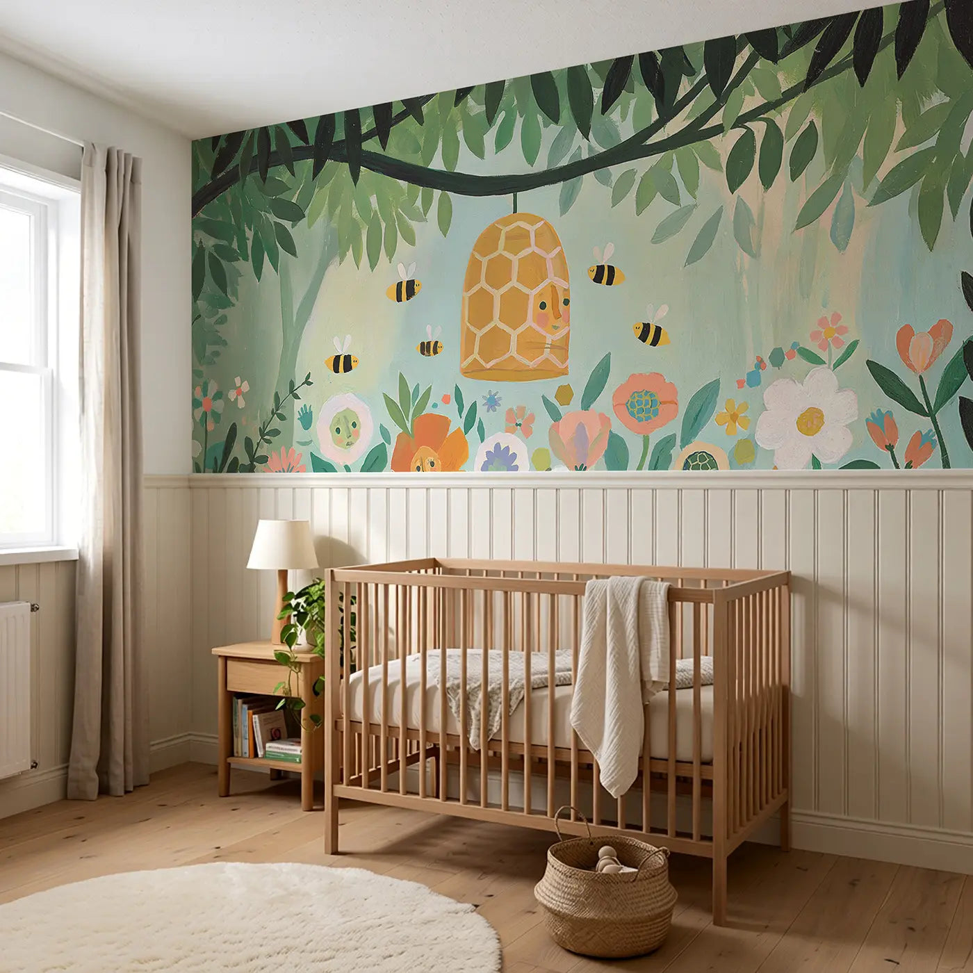 Graphic Beehive Buzz Wainscoting Wallpaper styled in a kids bedroom by Whimsy Tots