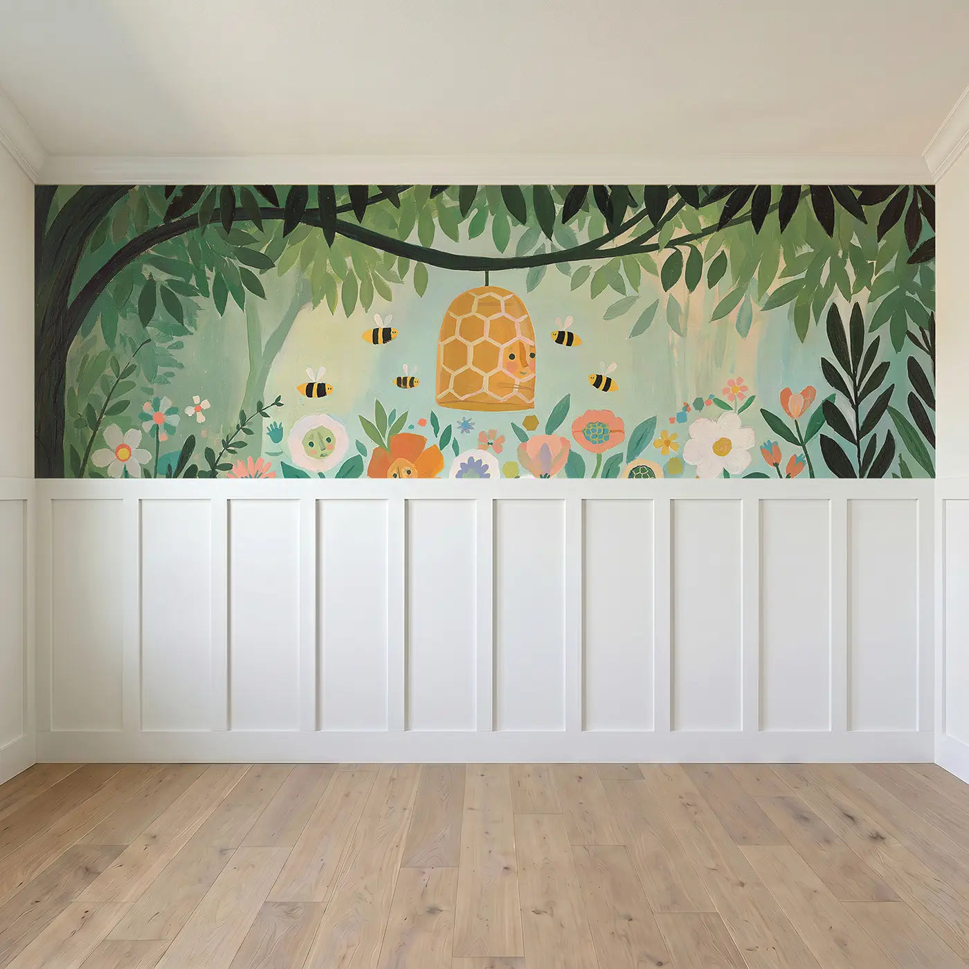 Full panel view of Graphic Beehive Buzz Wainscoting Wallpaper by Whimsy Tots