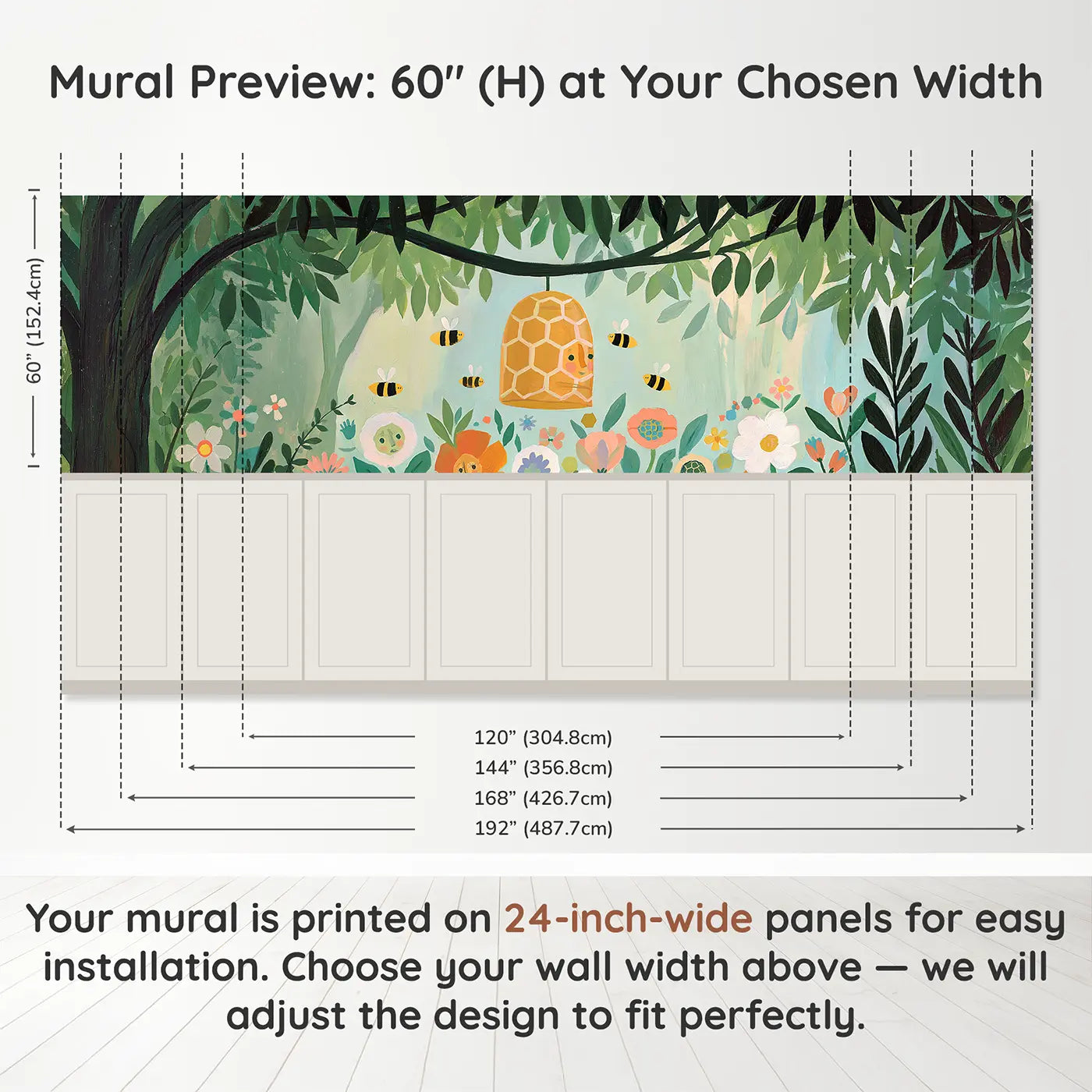 Panel dimensions for Graphic Beehive Buzz Wainscoting Wallpaper by Whimsy Tots