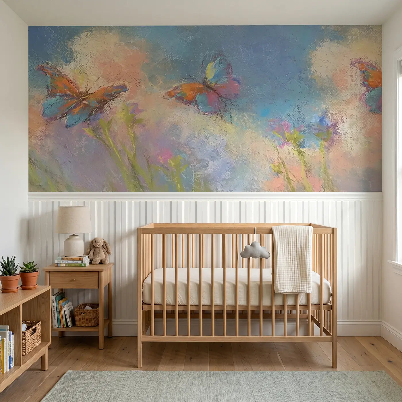 Soft Pastel chalk butterfly float wainscoting wallpaper for nursery by Whimsy Tots