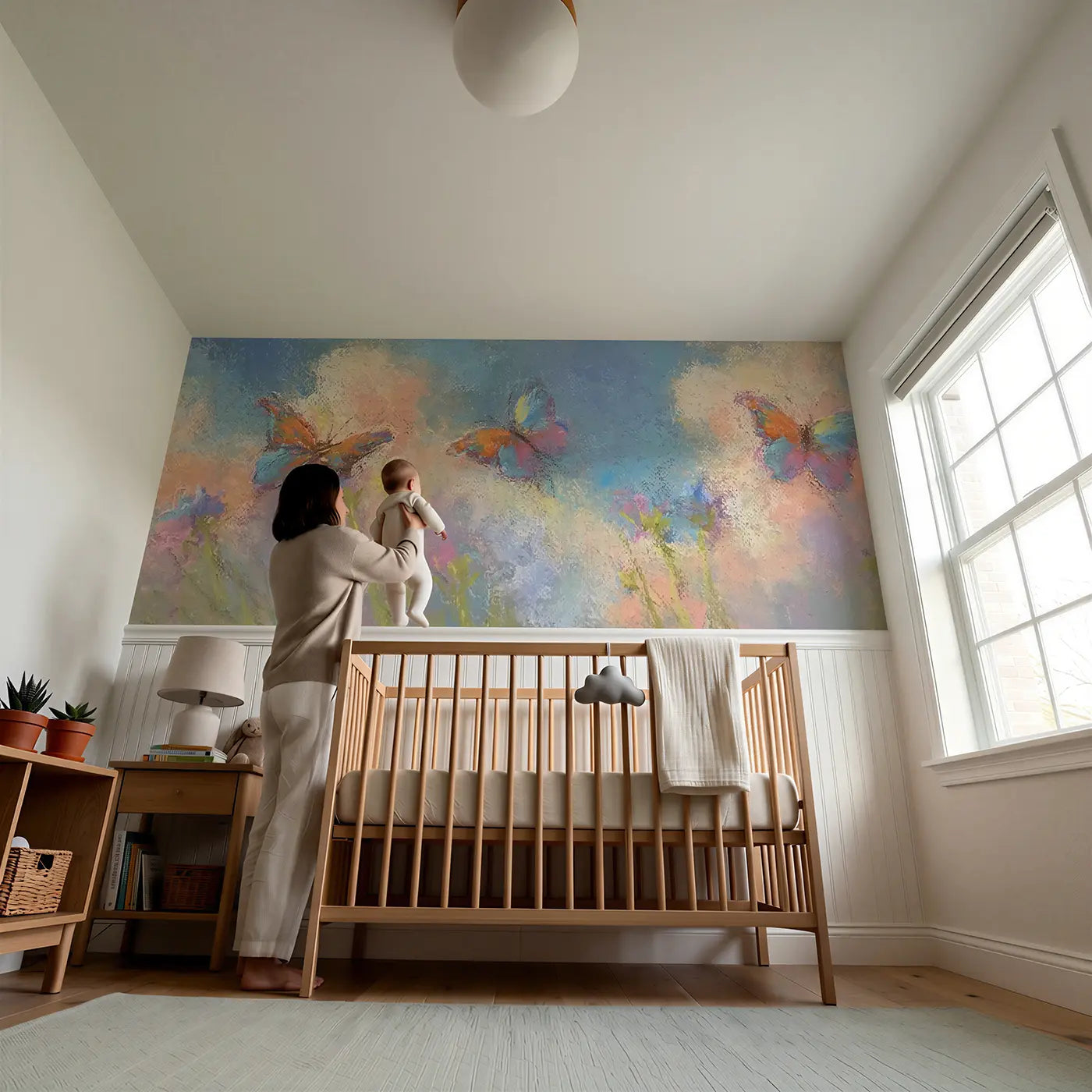 Child reading near Chalk Butterfly Float Soft Wainscoting Wallpaper by Whimsy Tots