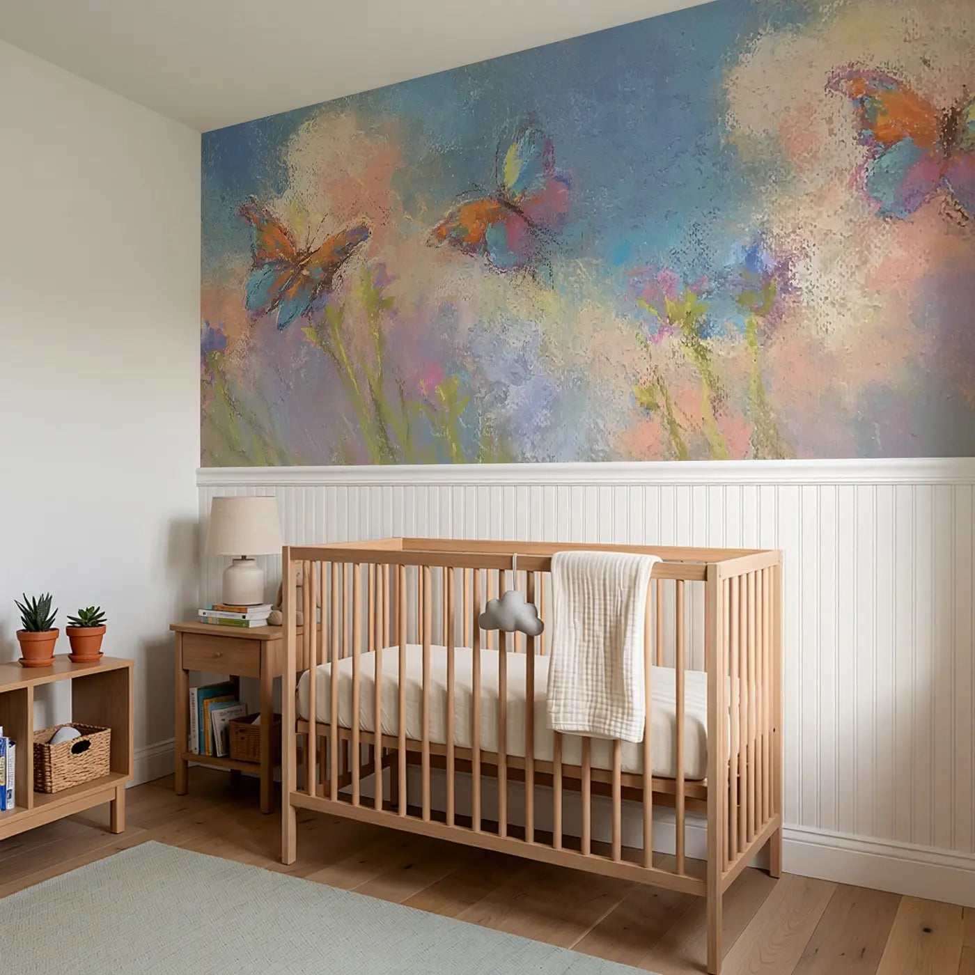Chalk Butterfly Float Soft Wainscoting Wallpaper styled in a kids bedroom by Whimsy Tots