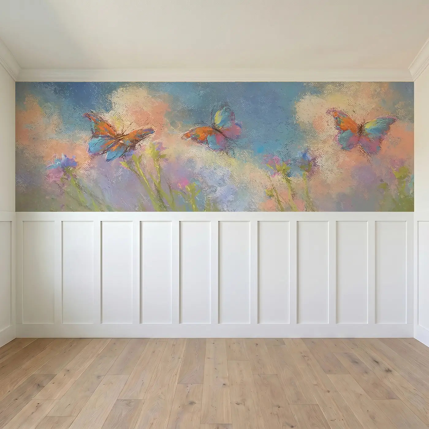 Full panel view of Chalk Butterfly Float Soft Wainscoting Wallpaper by Whimsy Tots