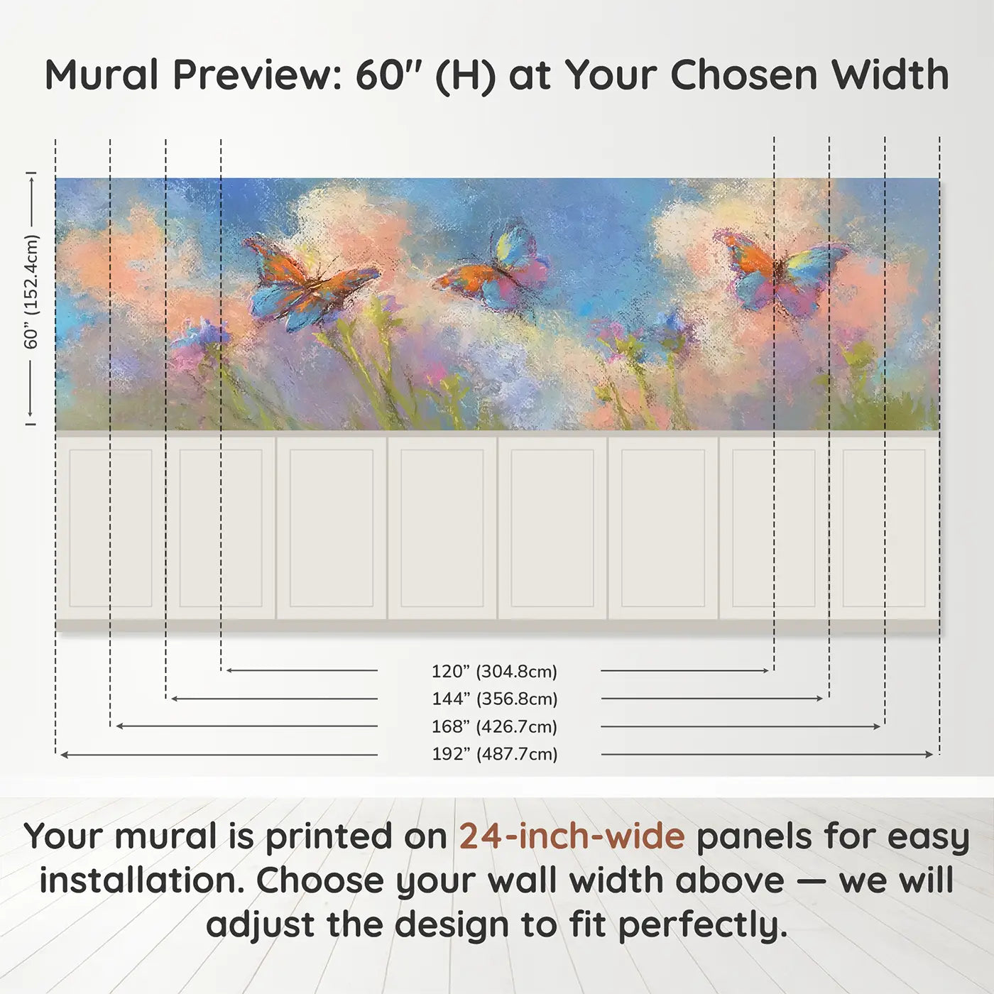Panel dimensions for Chalk Butterfly Float Soft Wainscoting Wallpaper by Whimsy Tots