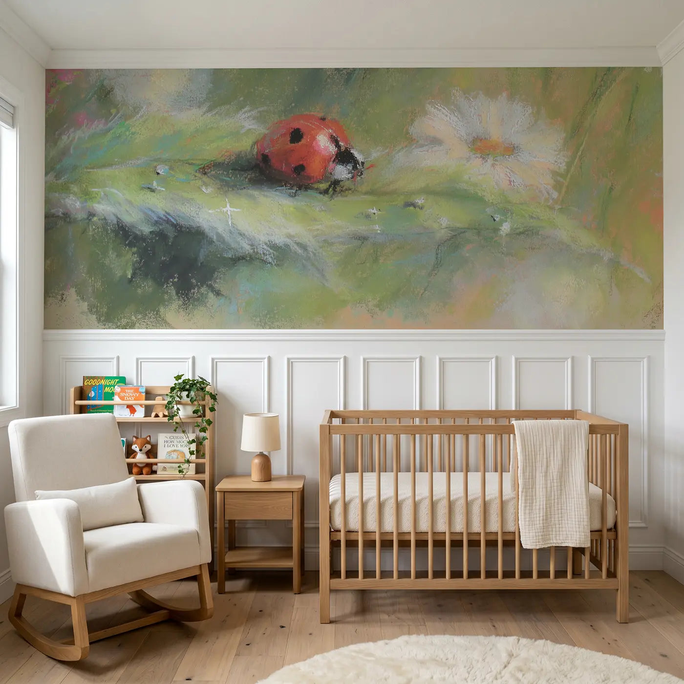 Soft Pastel fuzzy ladybug leaf chalk wainscoting wallpaper for nursery by Whimsy Tots