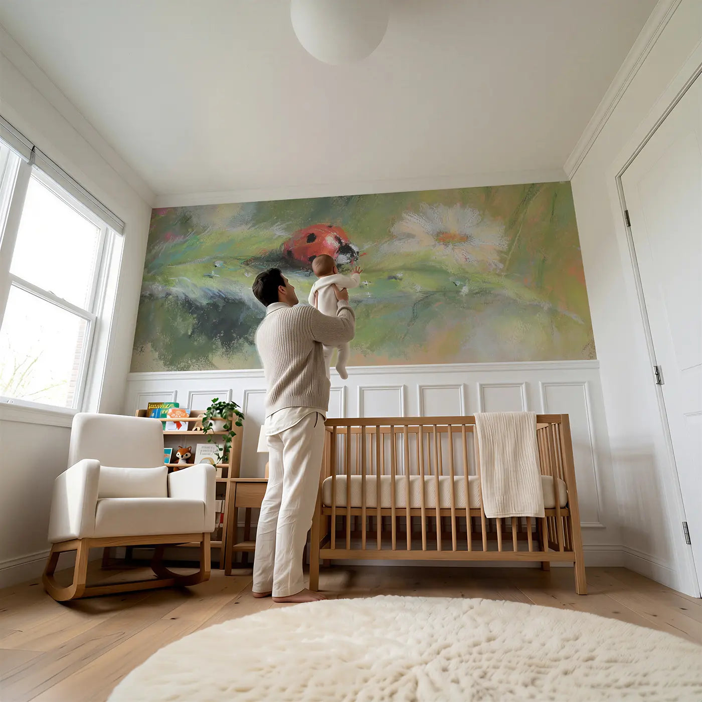 Child reading near Fuzzy Ladybug Leaf Chalk Wainscoting Wallpaper by Whimsy Tots