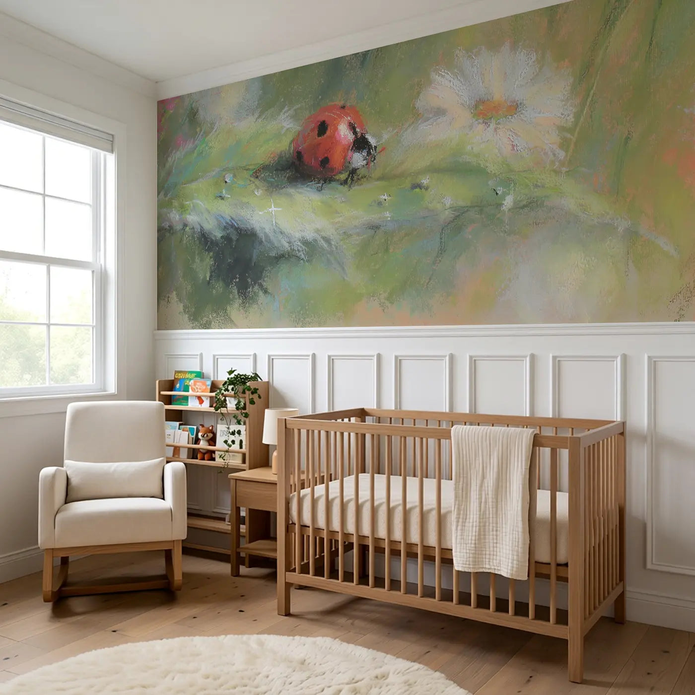 Fuzzy Ladybug Leaf Chalk Wainscoting Wallpaper styled in a kids bedroom by Whimsy Tots