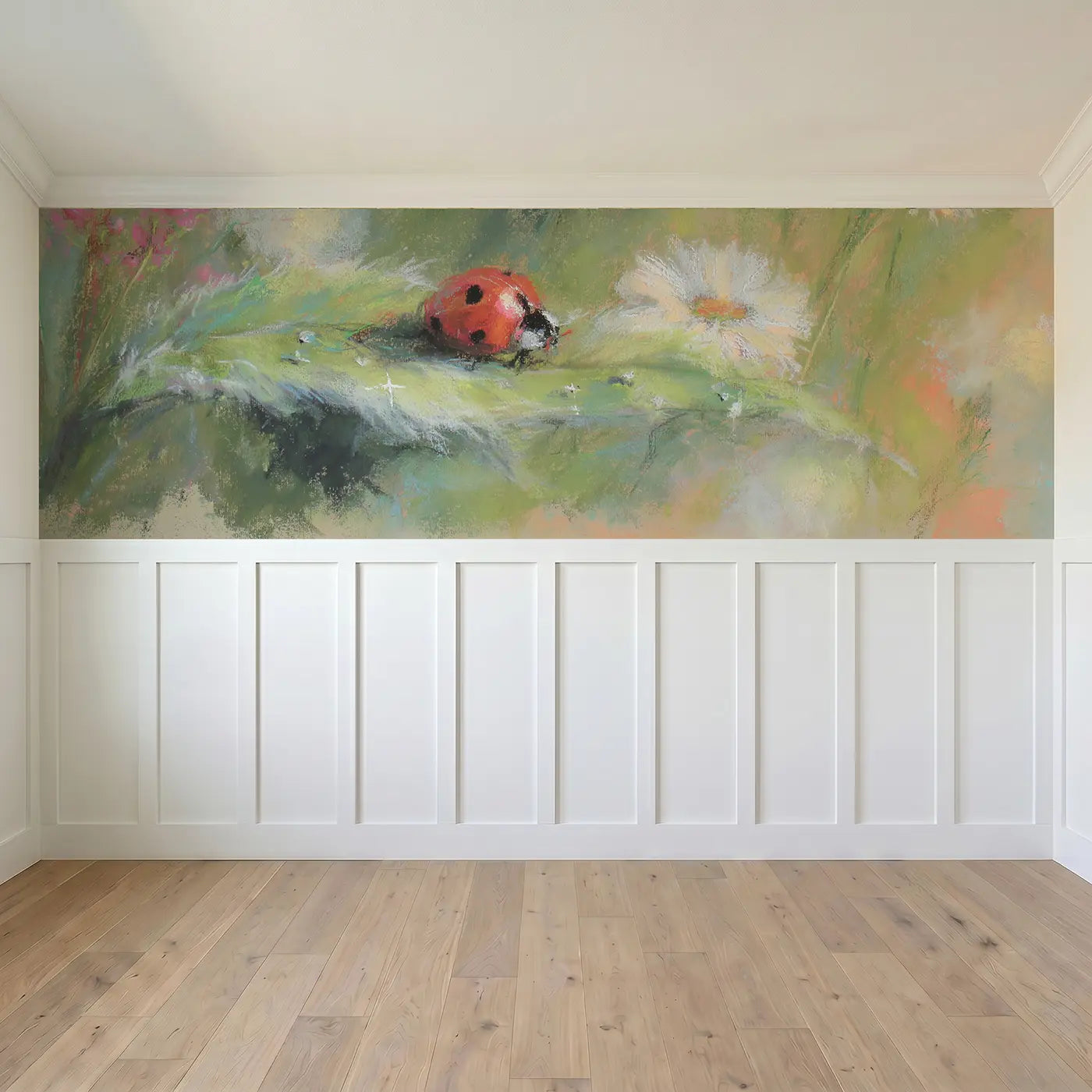 Full panel view of Fuzzy Ladybug Leaf Chalk Wainscoting Wallpaper by Whimsy Tots