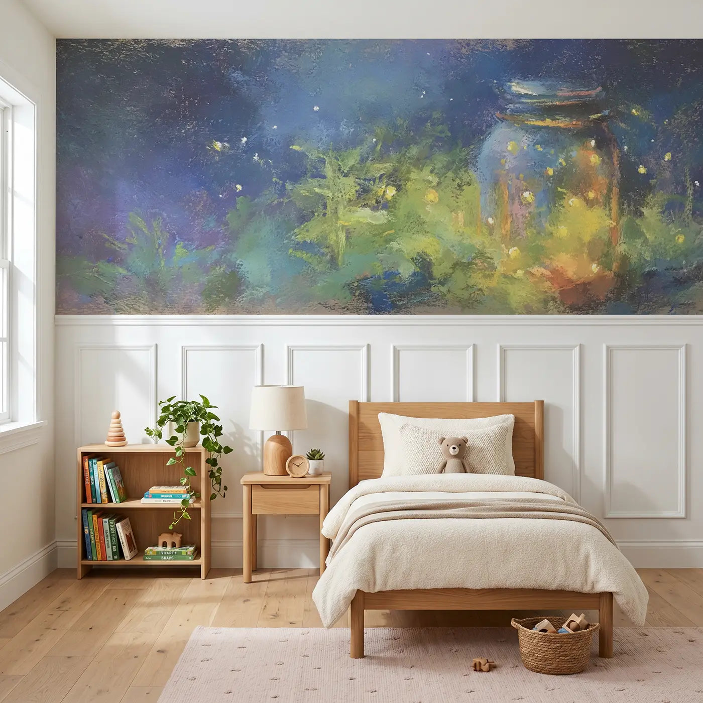 Soft Pastel firefly jar glow wainscoting wallpaper for bedroom by Whimsy Tots
