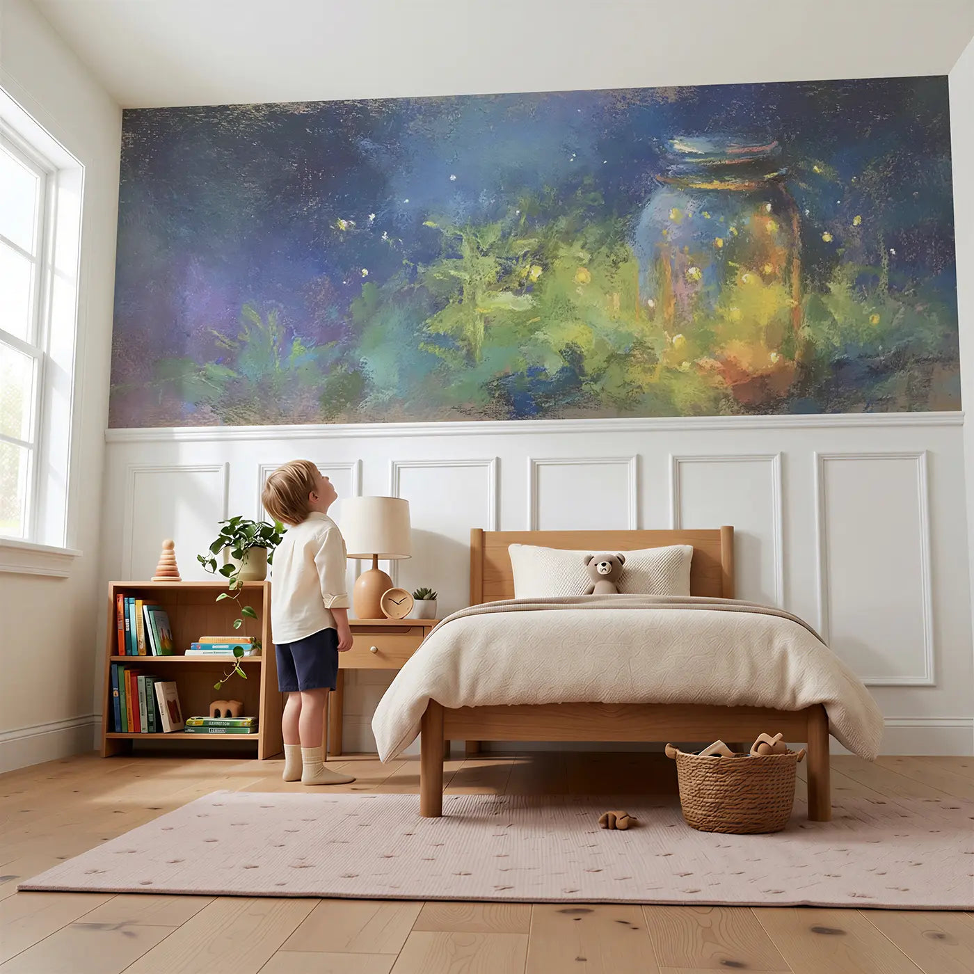 Child reading near Pastel Firefly Jar Glow Wainscoting Wallpaper by Whimsy Tots