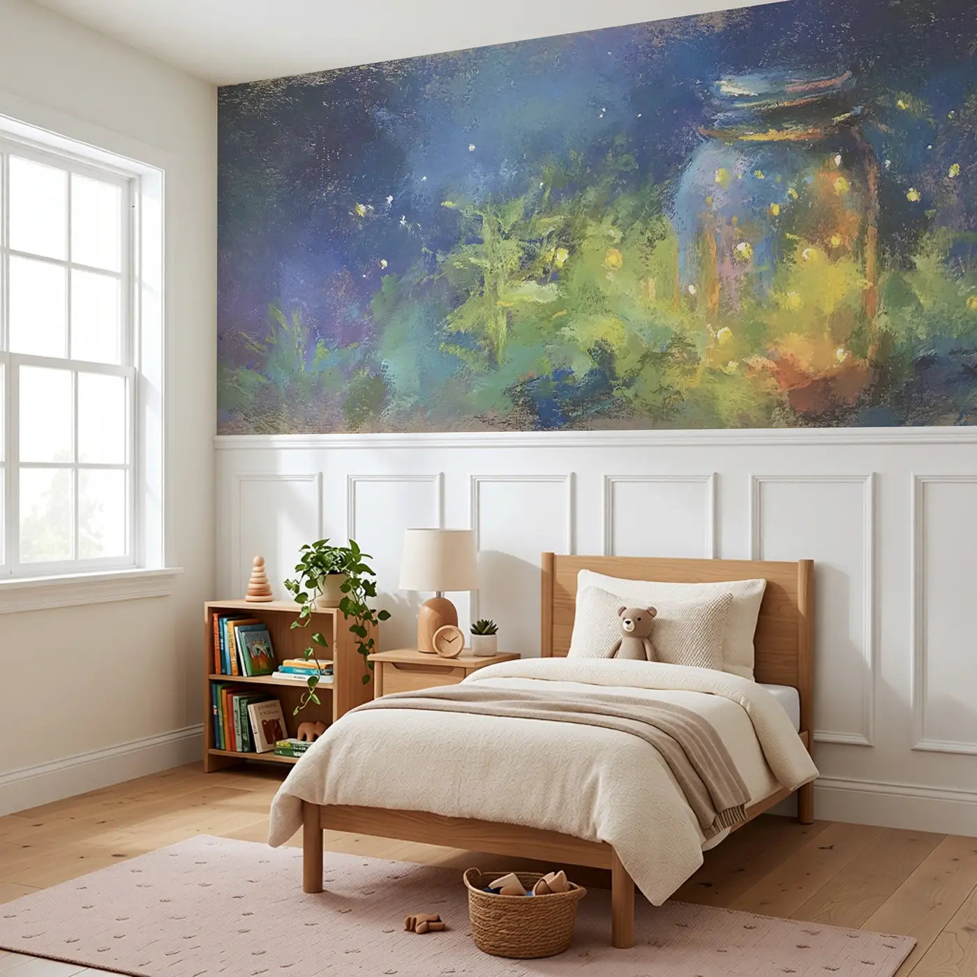 Pastel Firefly Jar Glow Wainscoting Wallpaper styled in a kids bedroom by Whimsy Tots