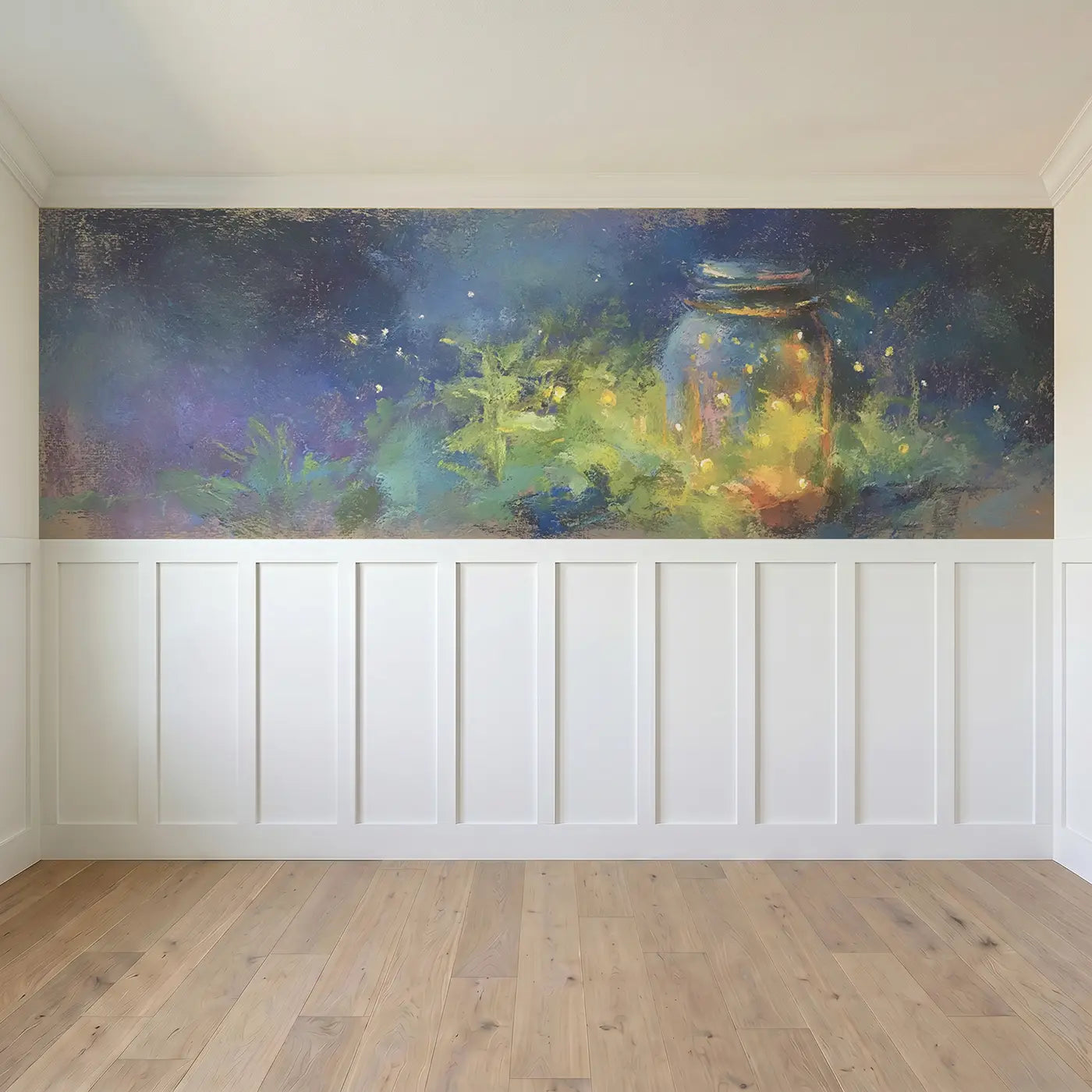 Full panel view of Pastel Firefly Jar Glow Wainscoting Wallpaper by Whimsy Tots
