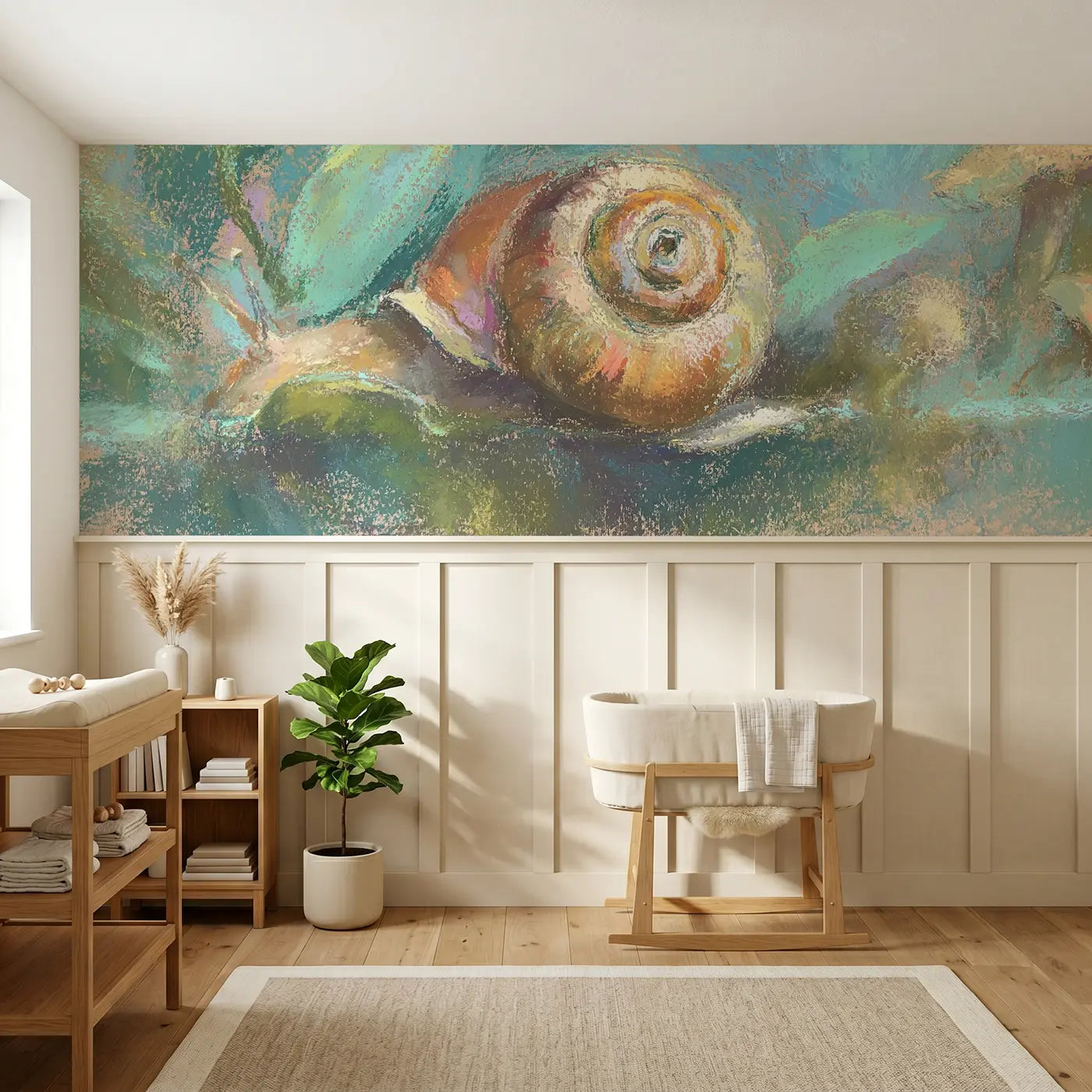 Soft Pastel chalk snail shell spiral wainscoting wallpaper for nursery by Whimsy Tots