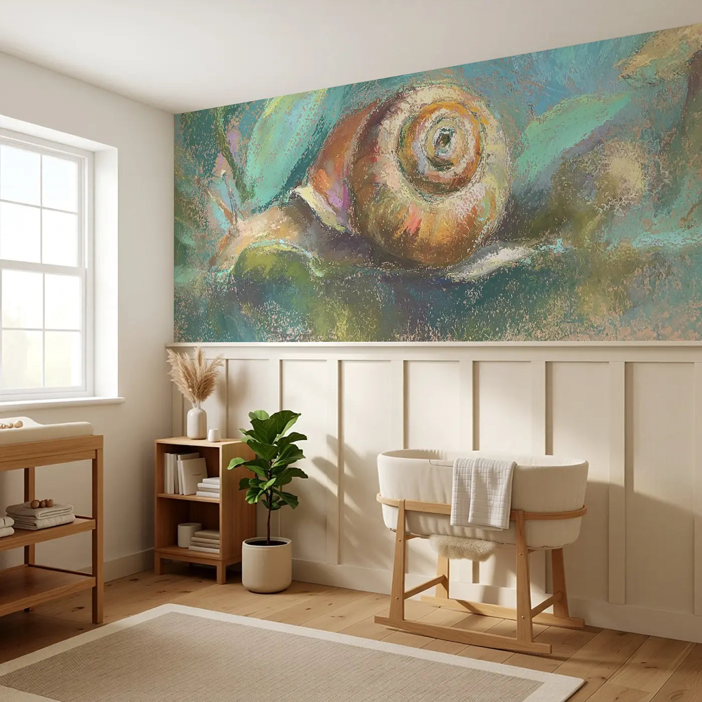 Chalk Snail Shell Spiral Wainscoting Wallpaper styled in a kids bedroom by Whimsy Tots
