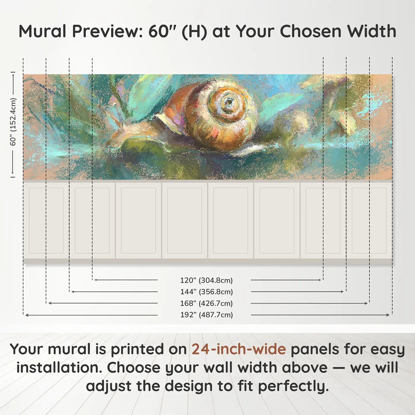 Panel dimensions for Chalk Snail Shell Spiral Wainscoting Wallpaper by Whimsy Tots