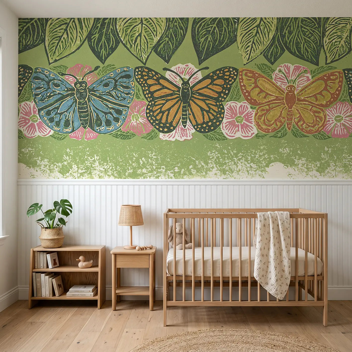 Block Print carved butterfly wing band wainscoting wallpaper for nursery by Whimsy Tots
