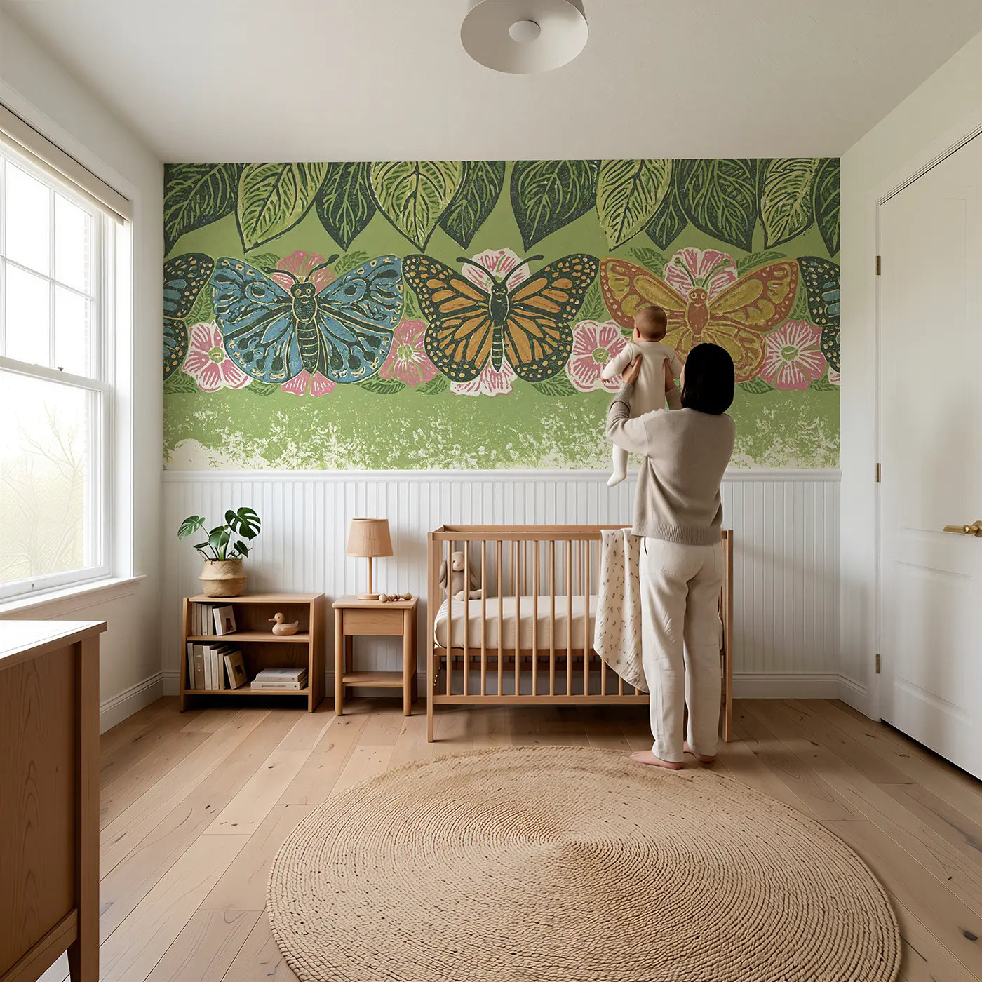 Child reading near Carved Butterfly Wing Band Wainscoting Wallpaper by Whimsy Tots