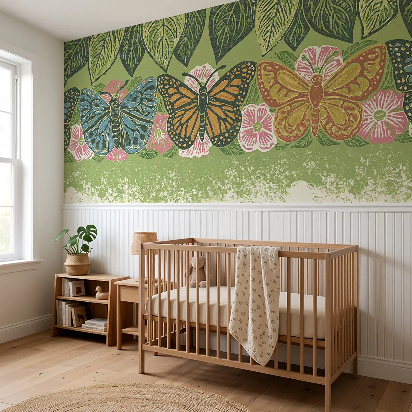 Carved Butterfly Wing Band Wainscoting Wallpaper styled in a kids bedroom by Whimsy Tots