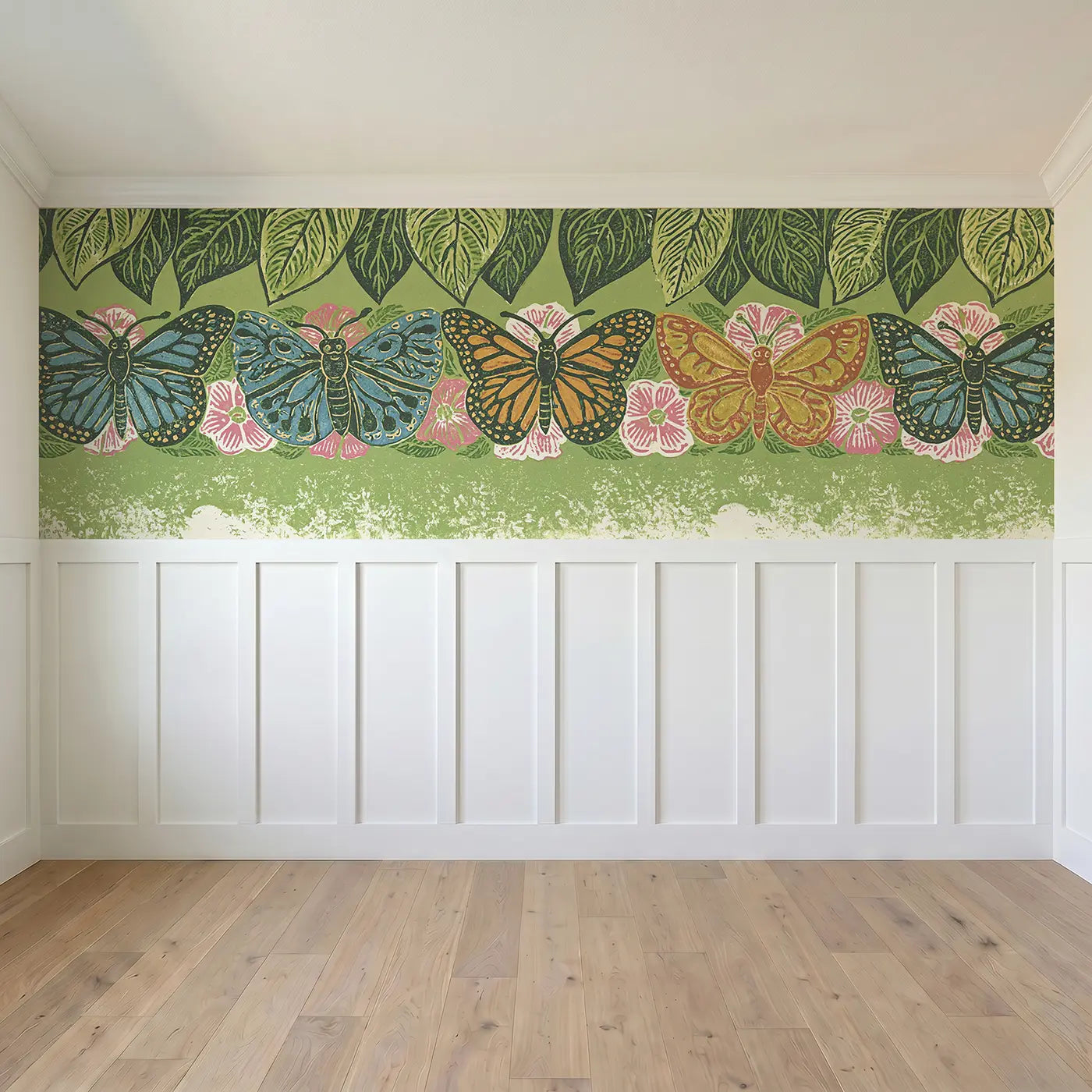 Full panel view of Carved Butterfly Wing Band Wainscoting Wallpaper by Whimsy Tots