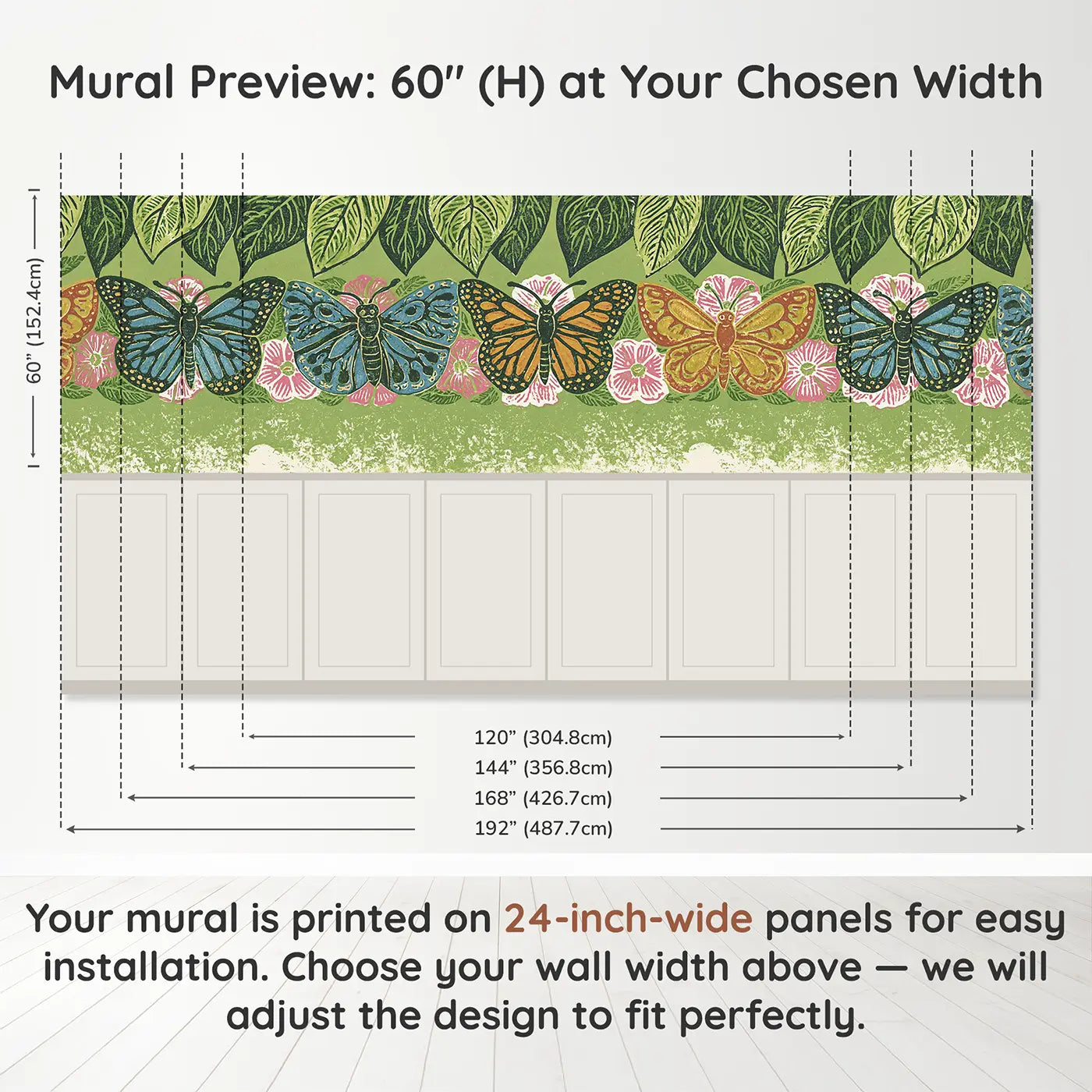 Panel dimensions for Carved Butterfly Wing Band Wainscoting Wallpaper by Whimsy Tots