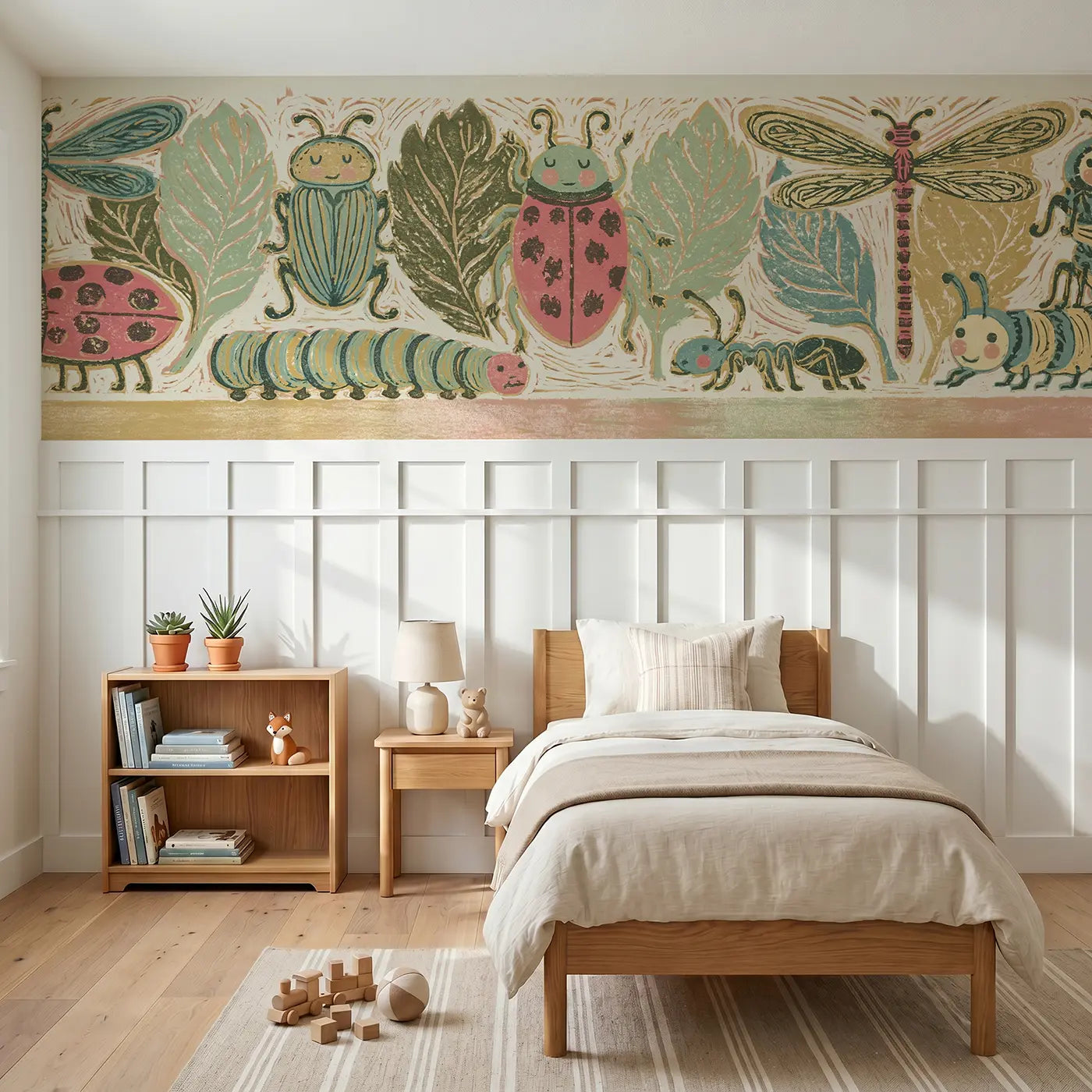 Block Print bug collection wainscoting wallpaper for bedroom by Whimsy Tots