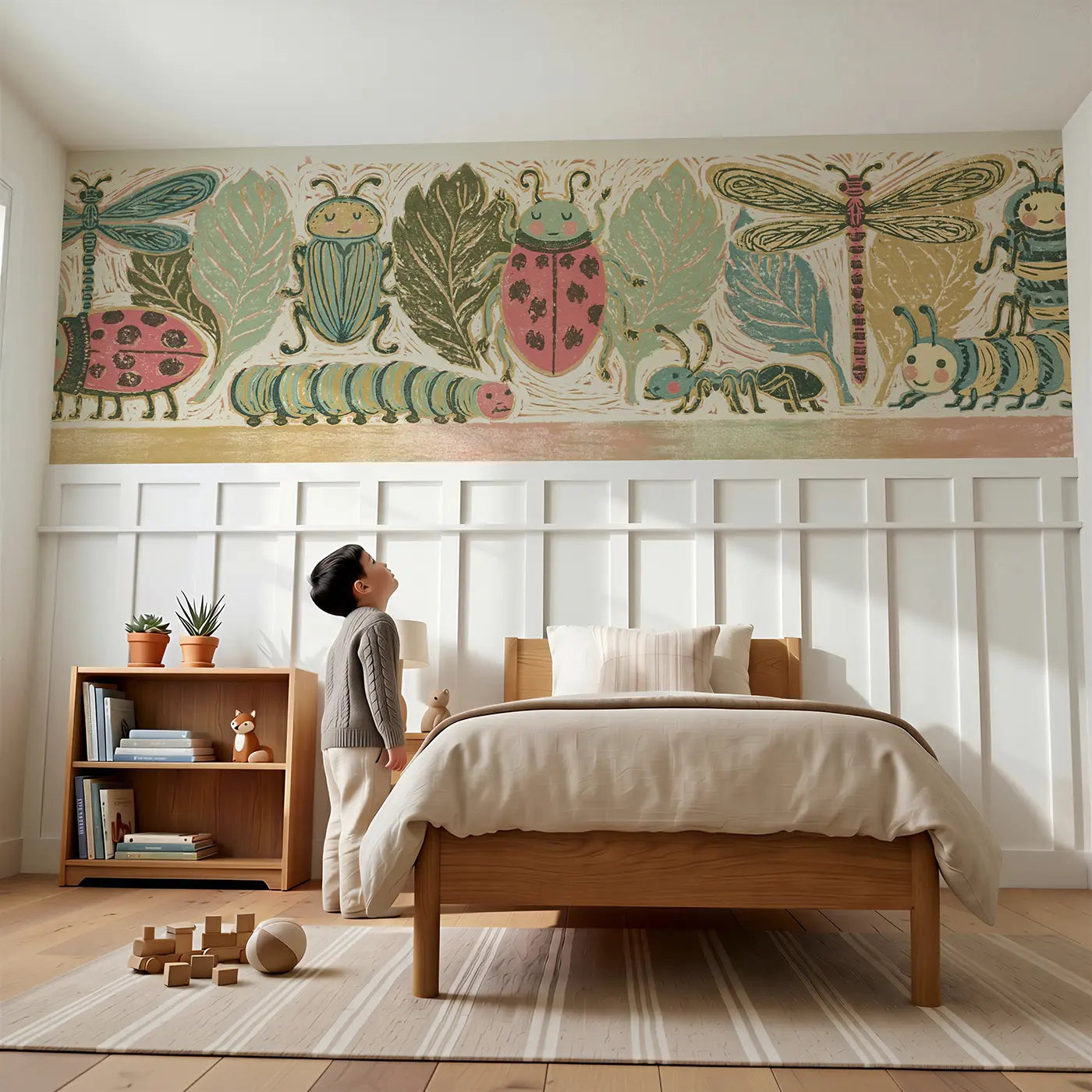 Child reading near Block Print Bug Collection Wainscoting Wallpaper by Whimsy Tots