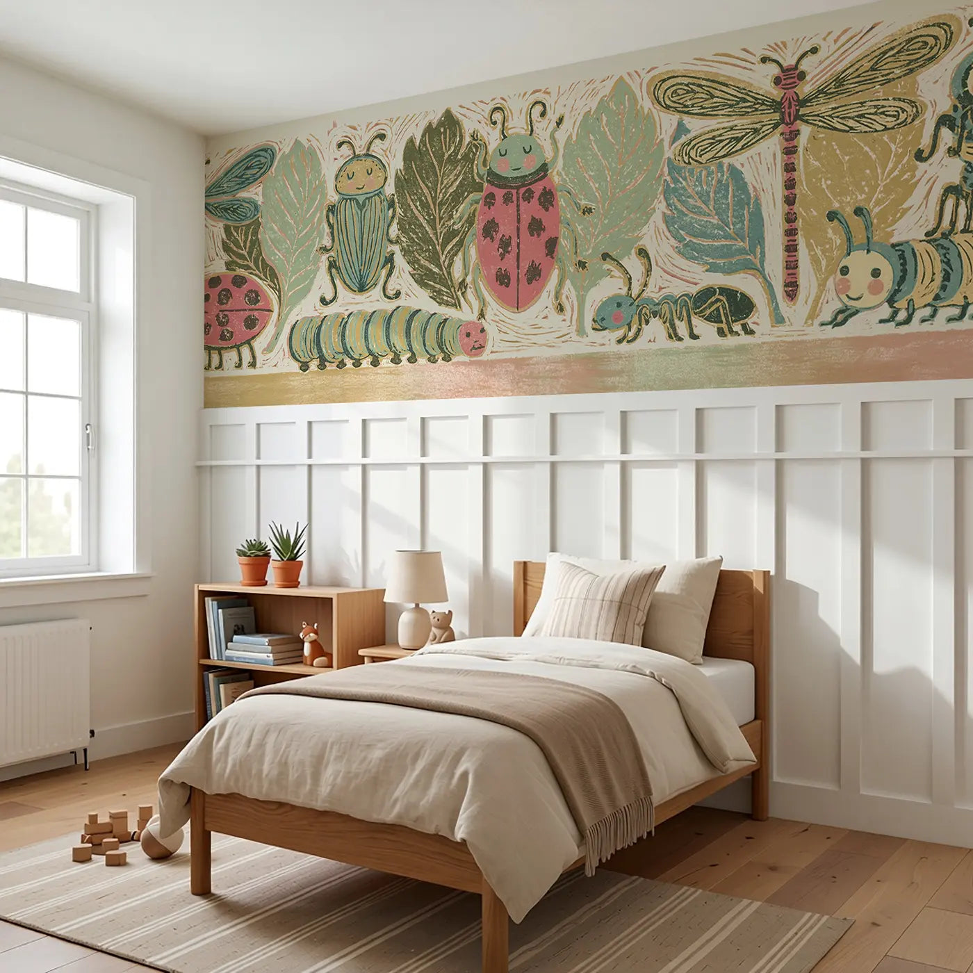 Block Print Bug Collection Wainscoting Wallpaper styled in a kids bedroom by Whimsy Tots