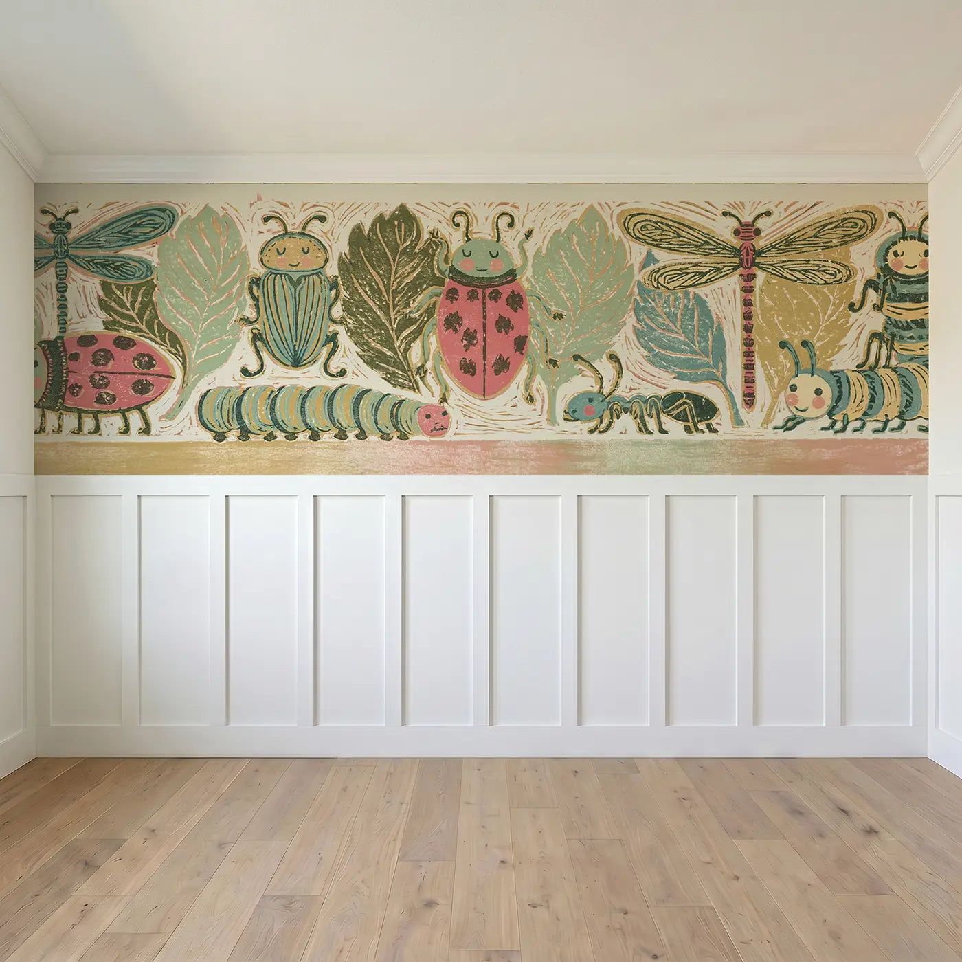 Full panel view of Block Print Bug Collection Wainscoting Wallpaper by Whimsy Tots