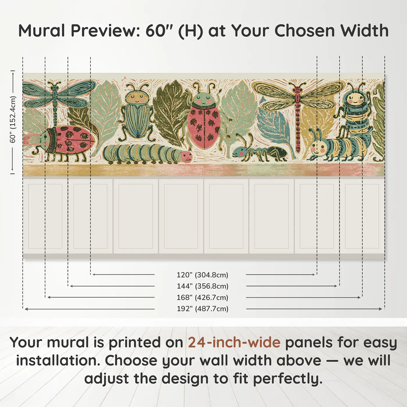 Panel dimensions for Block Print Bug Collection Wainscoting Wallpaper by Whimsy Tots