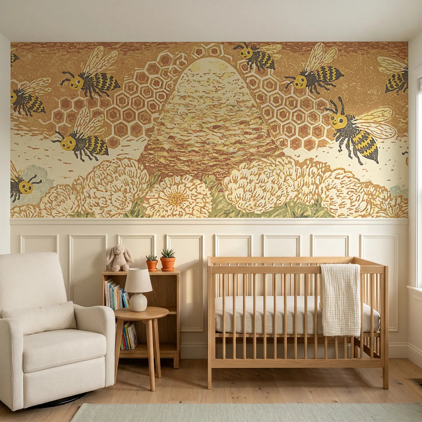 Block Print carved bee honeycomb folk wainscoting wallpaper for nursery by Whimsy Tots
