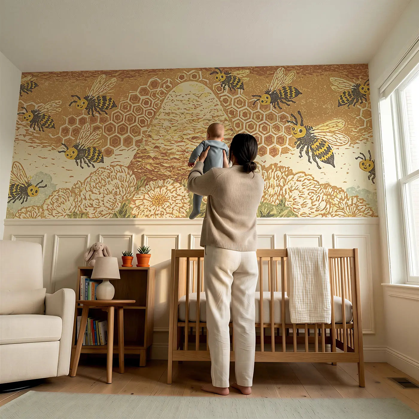 Child reading near Carved Bee Honeycomb Folk Wainscoting Wallpaper by Whimsy Tots
