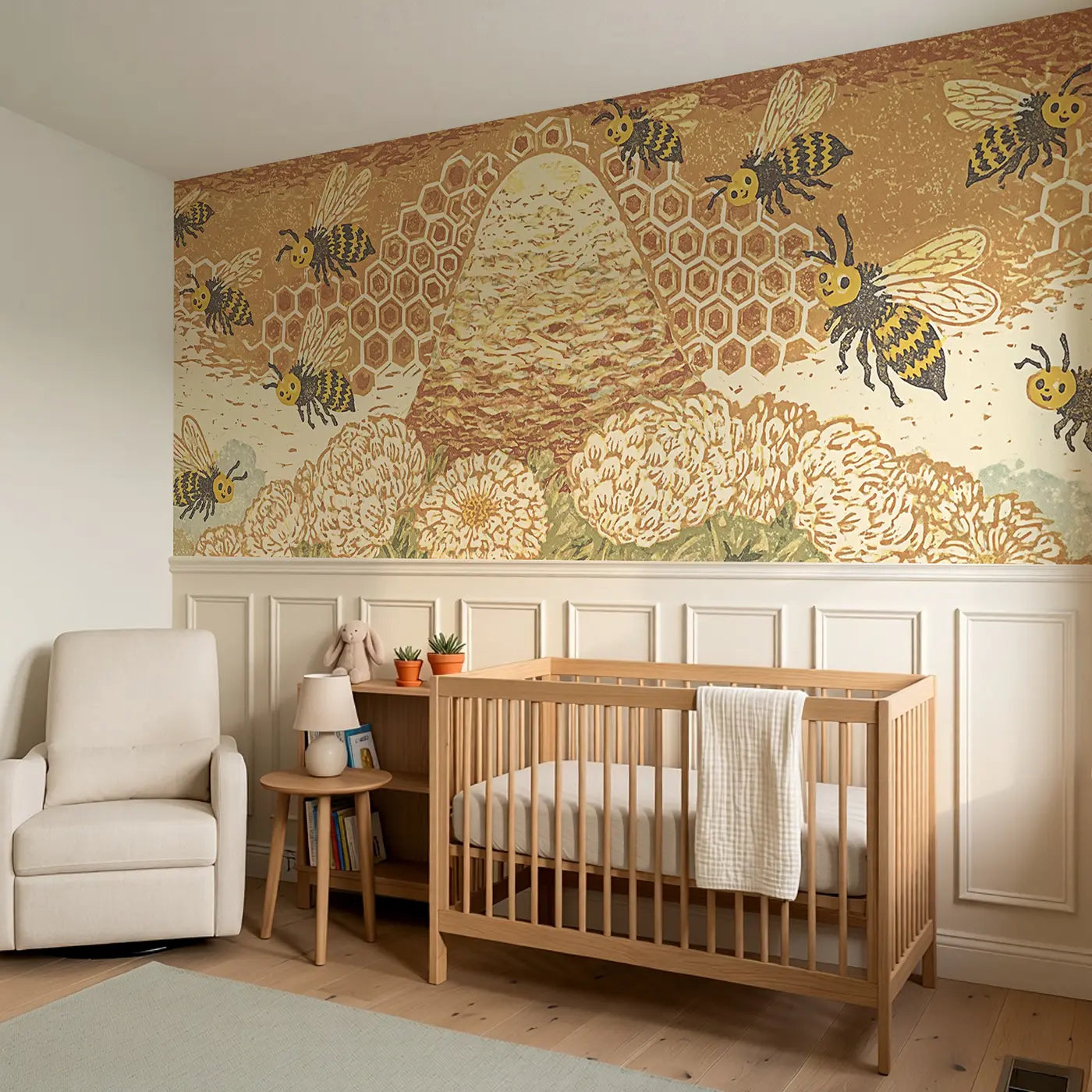Carved Bee Honeycomb Folk Wainscoting Wallpaper styled in a kids bedroom by Whimsy Tots