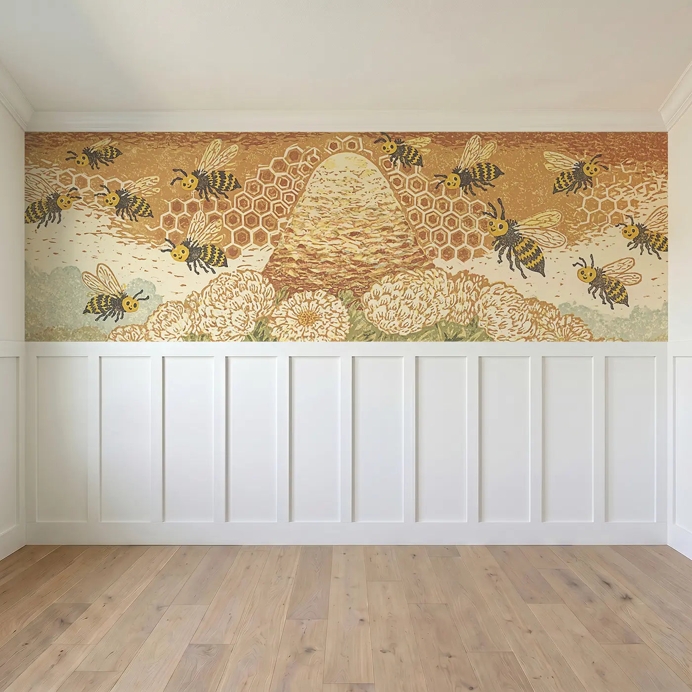 Full panel view of Carved Bee Honeycomb Folk Wainscoting Wallpaper by Whimsy Tots