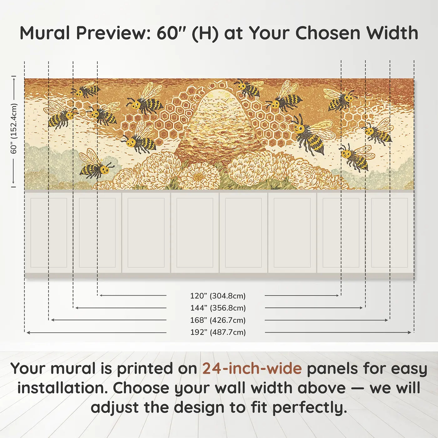 Panel dimensions for Carved Bee Honeycomb Folk Wainscoting Wallpaper by Whimsy Tots