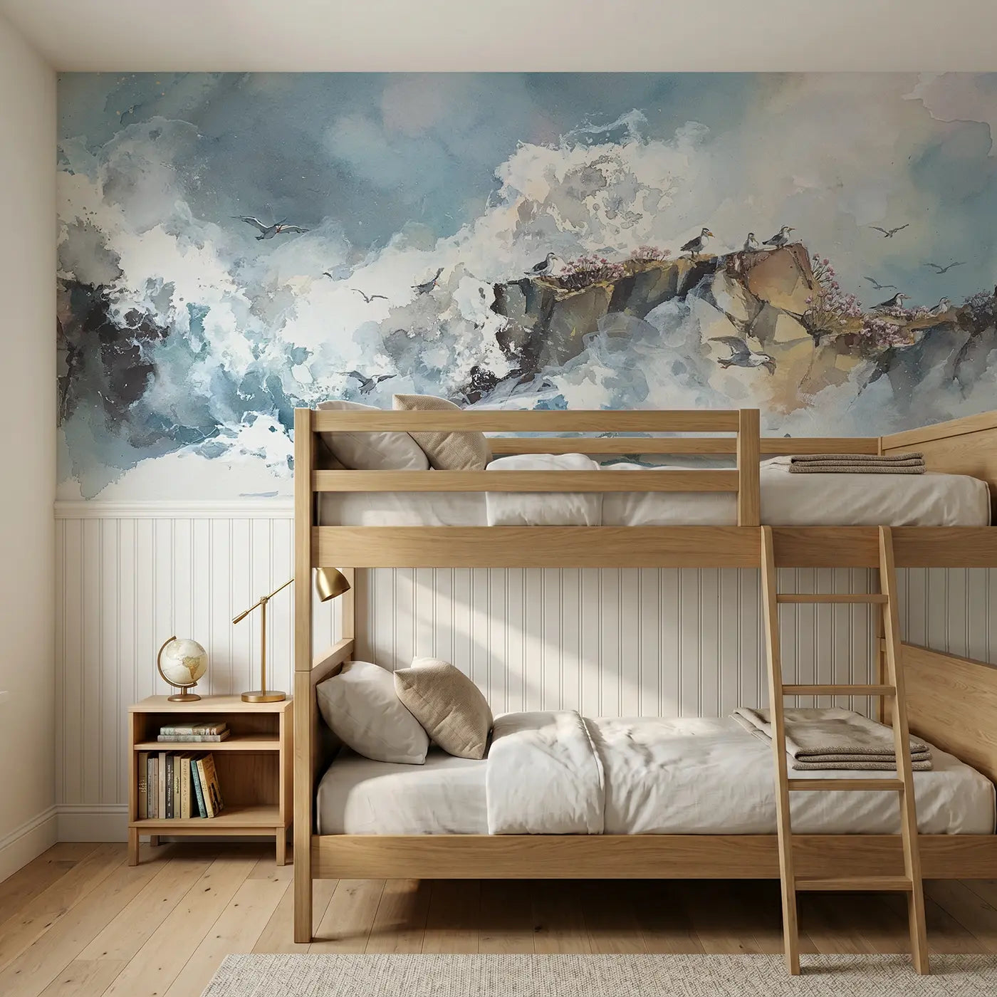 Watercolor coastal cliff wave spray wainscoting wallpaper for bedroom by Whimsy Tots