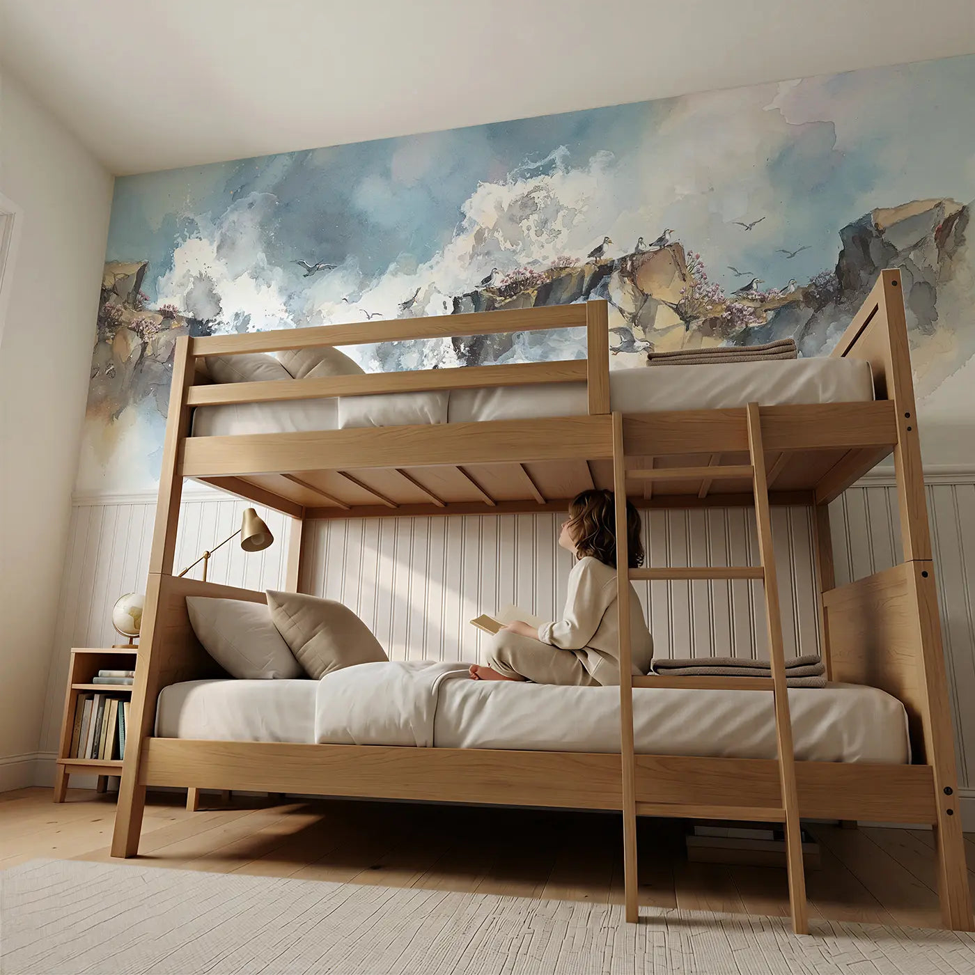 Child reading near Coastal Cliff Wave Spray Wainscoting Wallpaper by Whimsy Tots