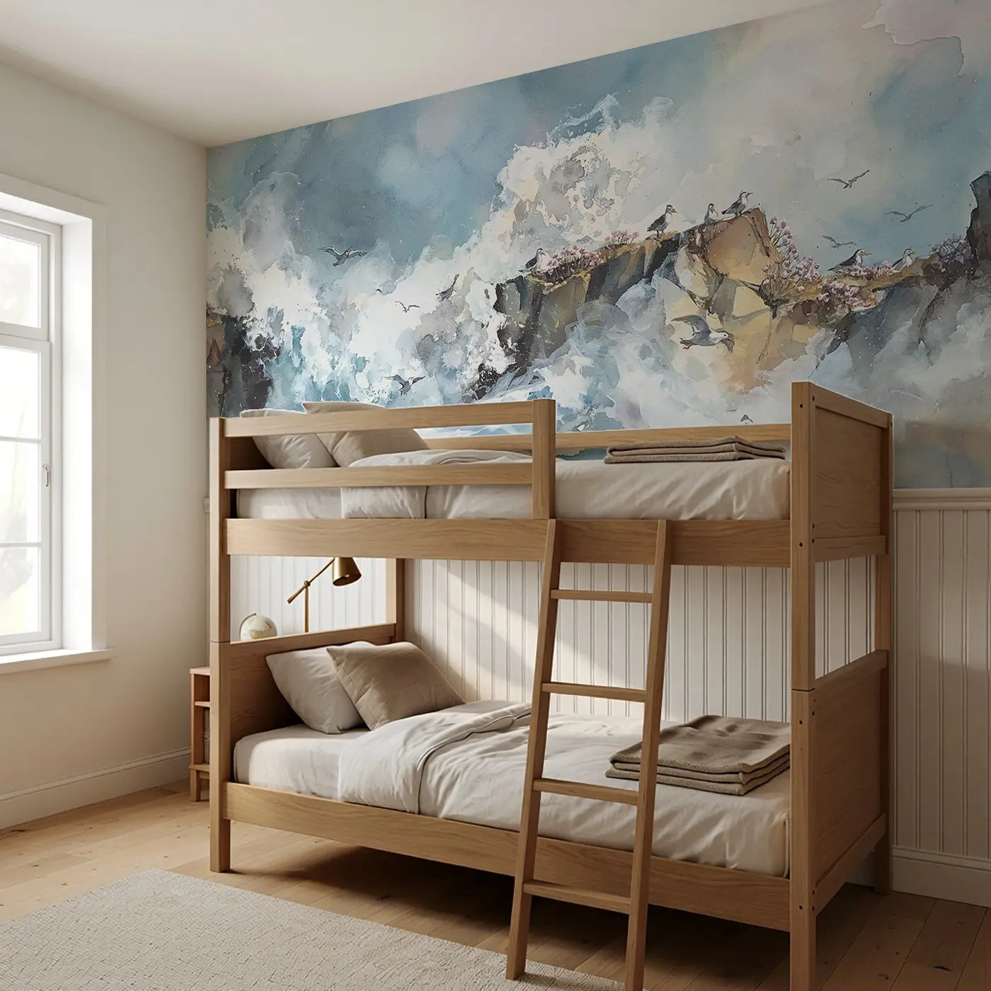Coastal Cliff Wave Spray Wainscoting Wallpaper styled in a kids bedroom by Whimsy Tots