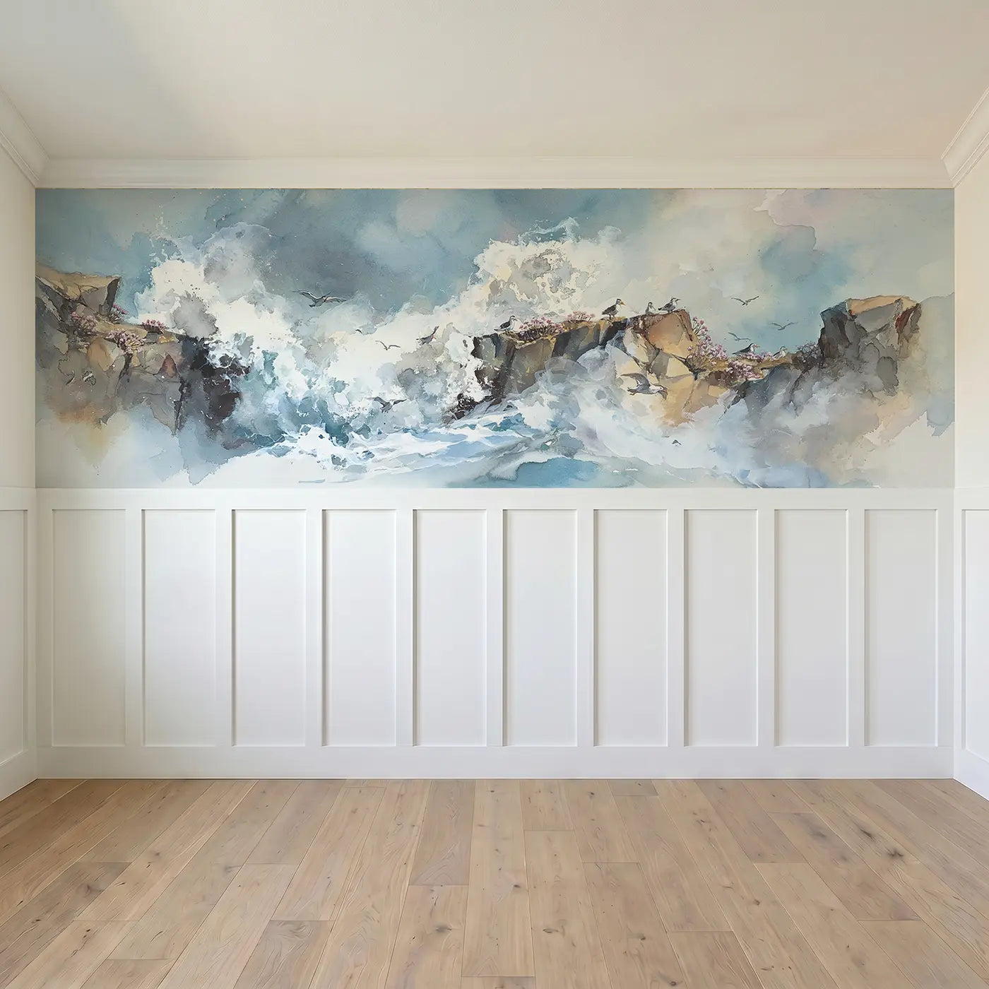 Full panel view of Coastal Cliff Wave Spray Wainscoting Wallpaper by Whimsy Tots