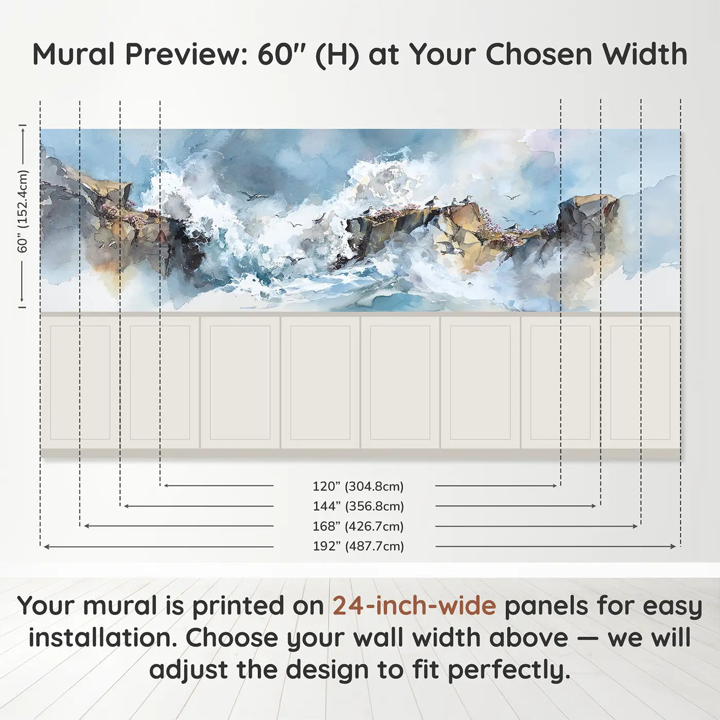 Panel dimensions for Coastal Cliff Wave Spray Wainscoting Wallpaper by Whimsy Tots