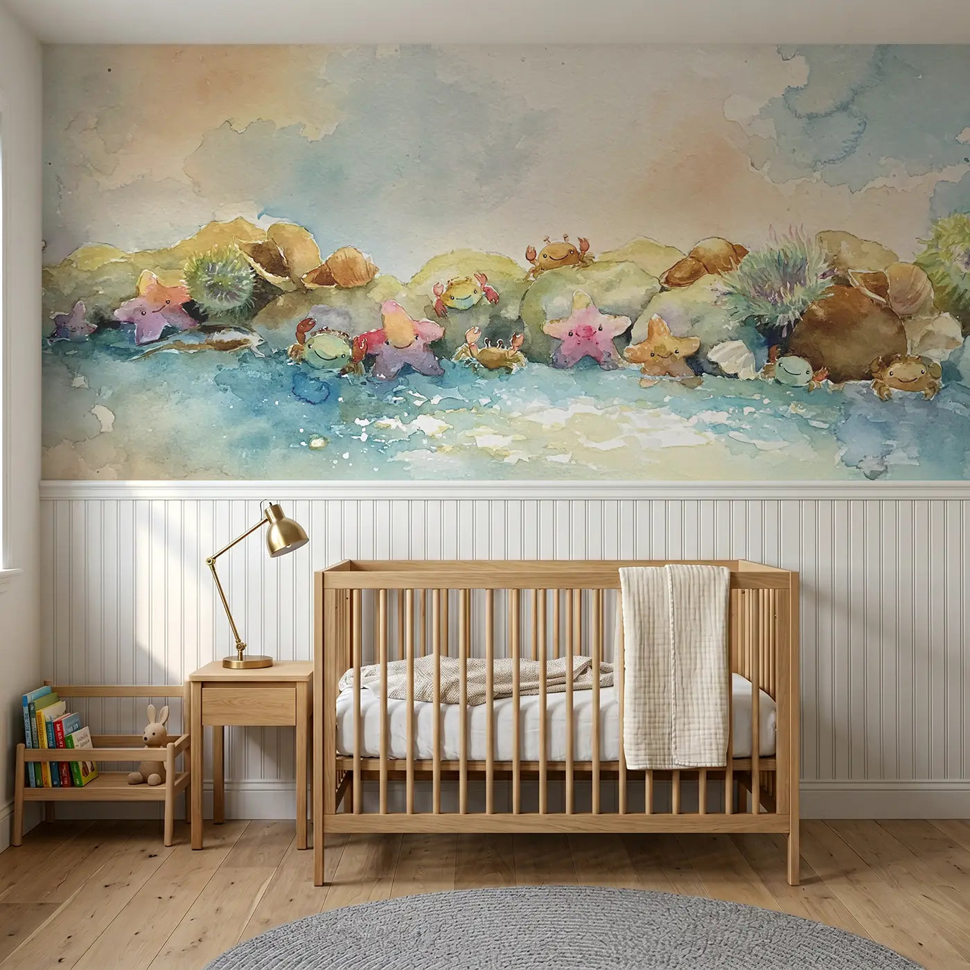 Watercolor seaside rock pool morning wainscoting wallpaper for nursery by Whimsy Tots