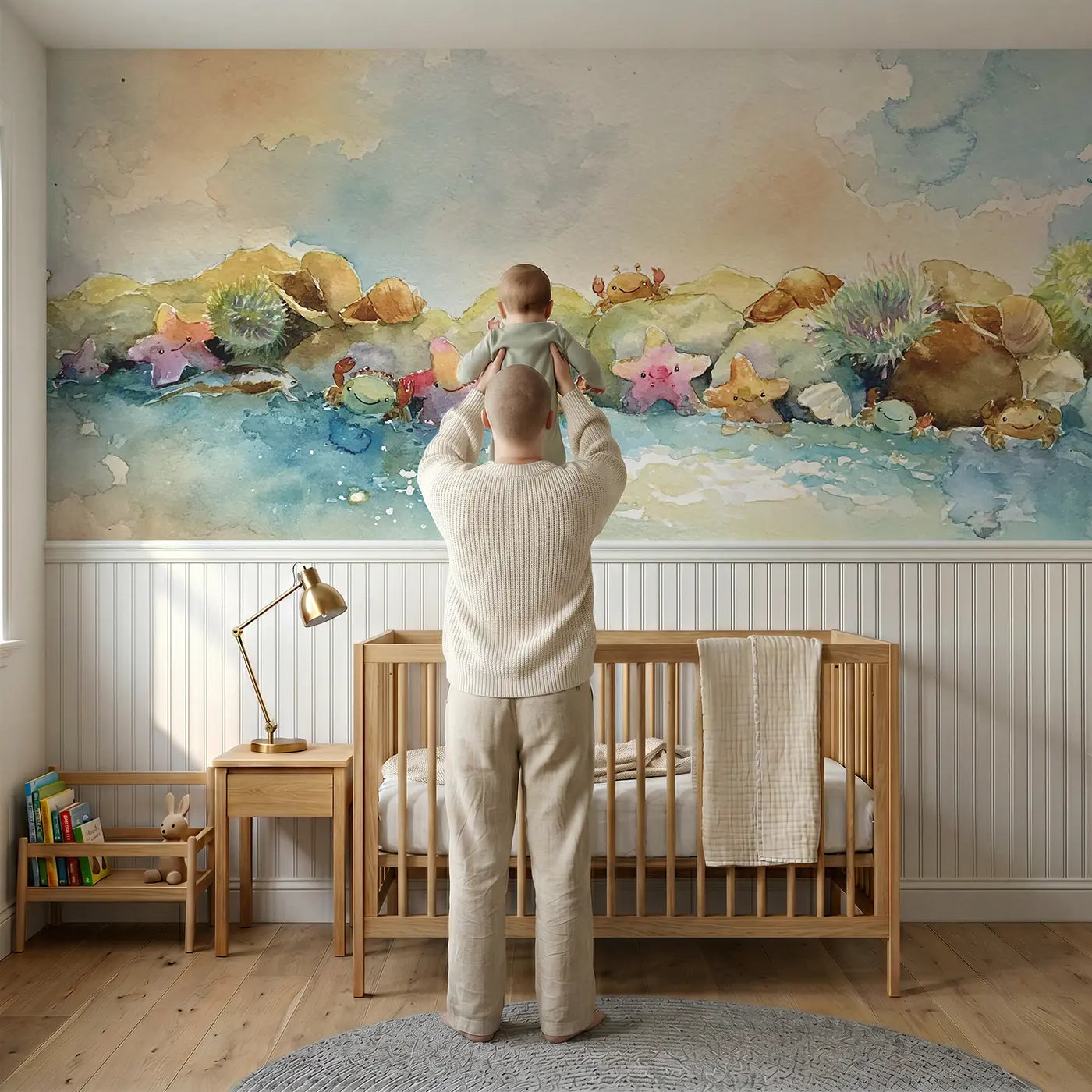 Child reading near Seaside Rock Pool Morning Wainscoting Wallpaper by Whimsy Tots