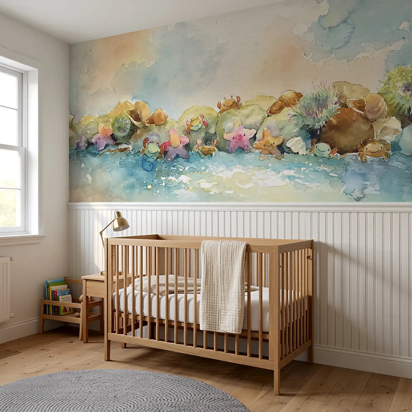 Seaside Rock Pool Morning Wainscoting Wallpaper styled in a kids bedroom by Whimsy Tots