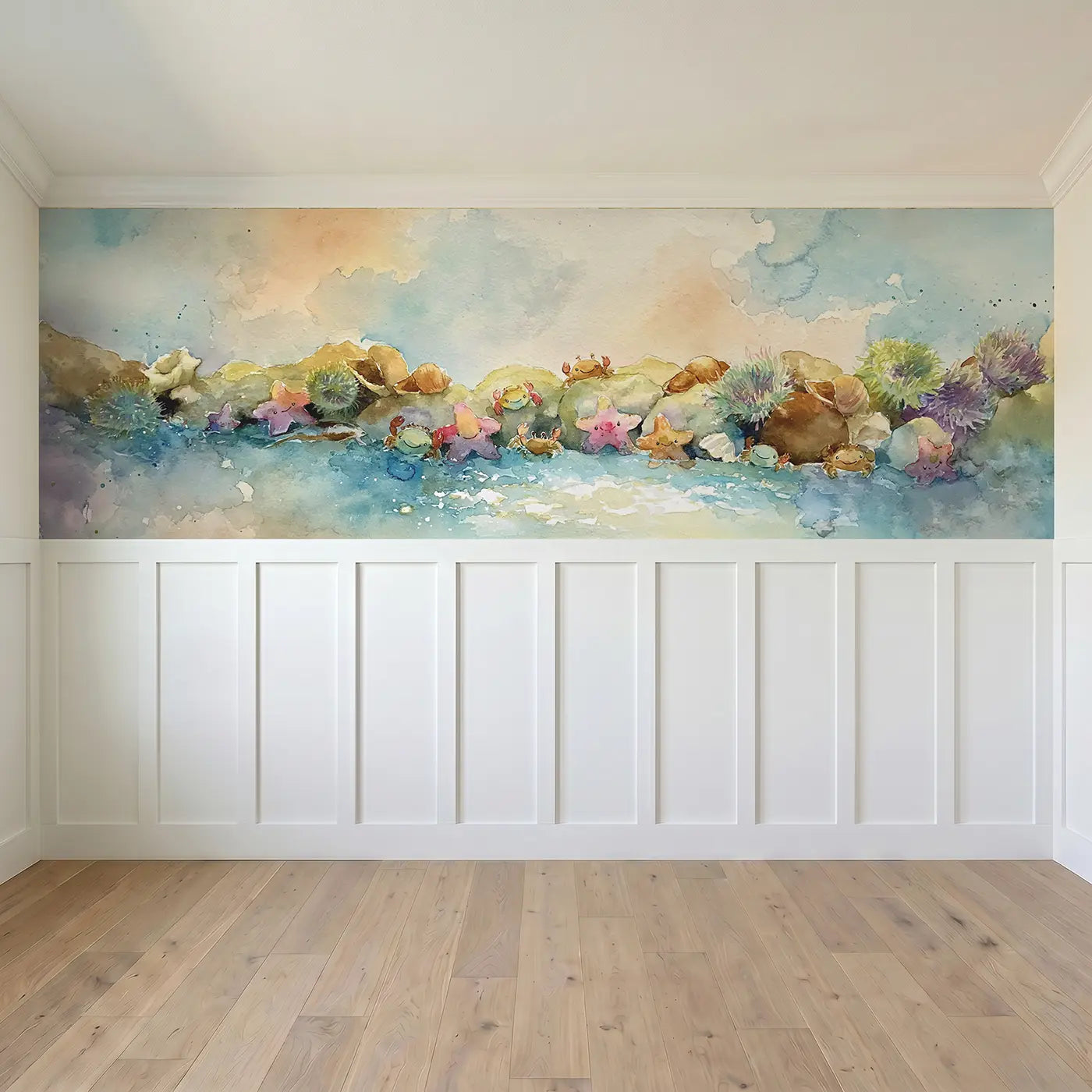 Full panel view of Seaside Rock Pool Morning Wainscoting Wallpaper by Whimsy Tots