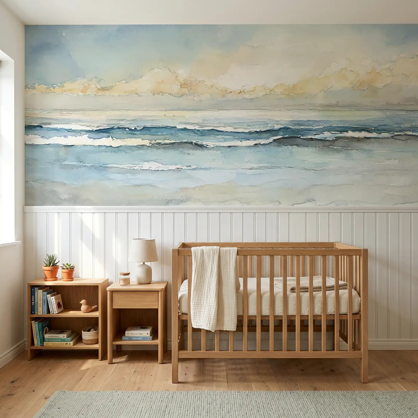 Watercolor ocean horizon wave pattern wainscoting wallpaper for nursery by Whimsy Tots