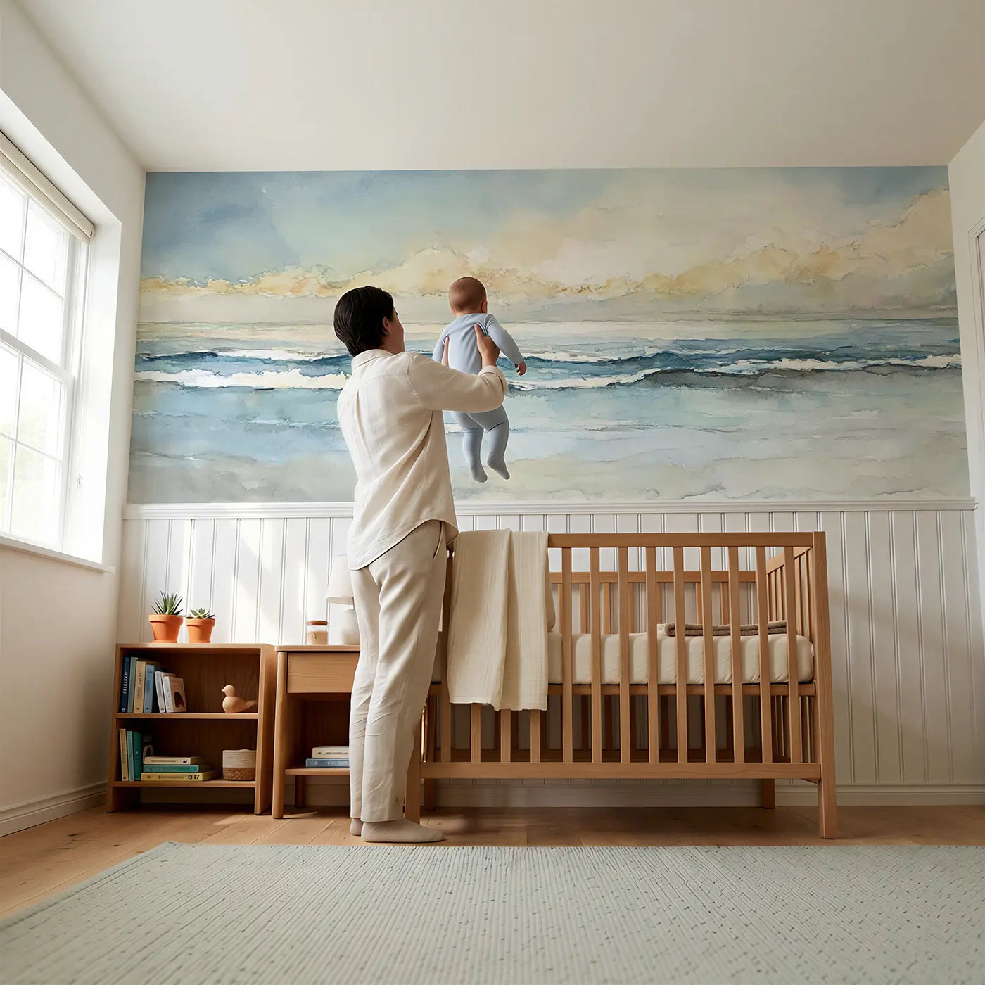 Child reading near Ocean Horizon Wave Pattern Wainscoting Wallpaper by Whimsy Tots