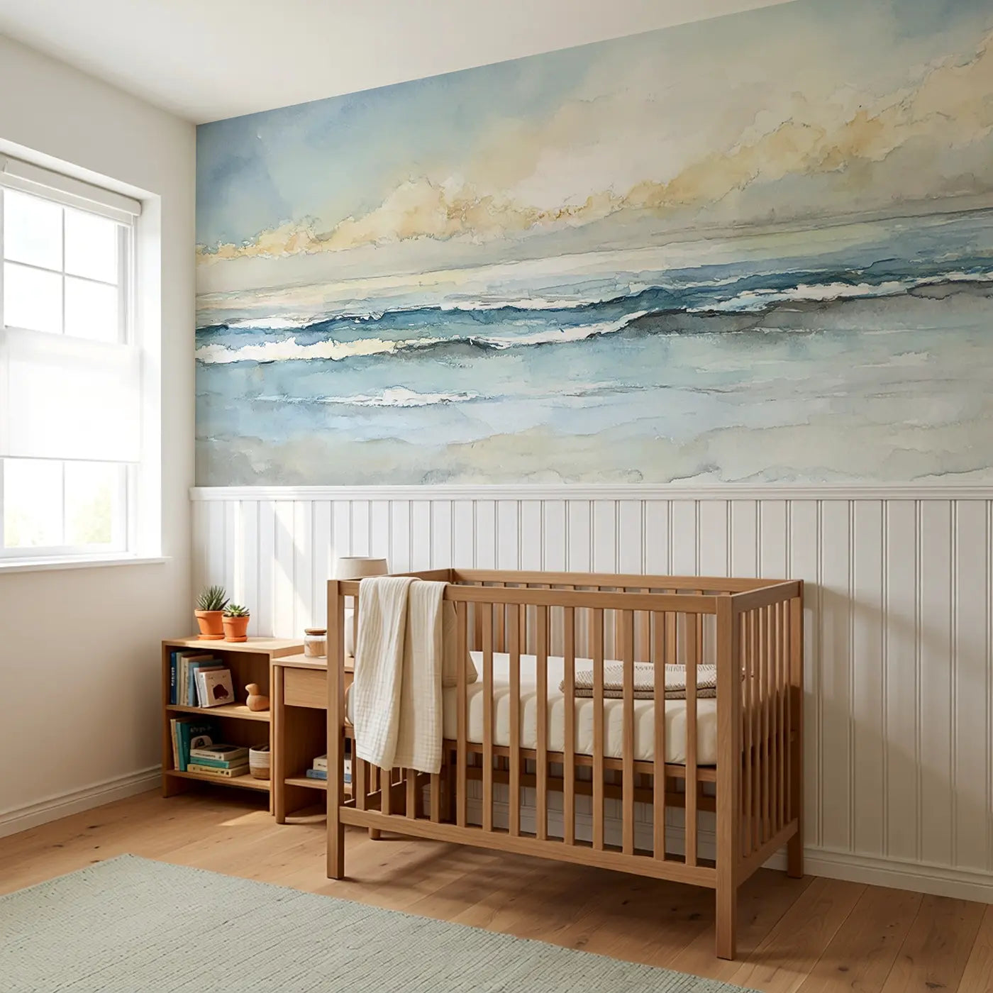 Ocean Horizon Wave Pattern Wainscoting Wallpaper styled in a kids bedroom by Whimsy Tots